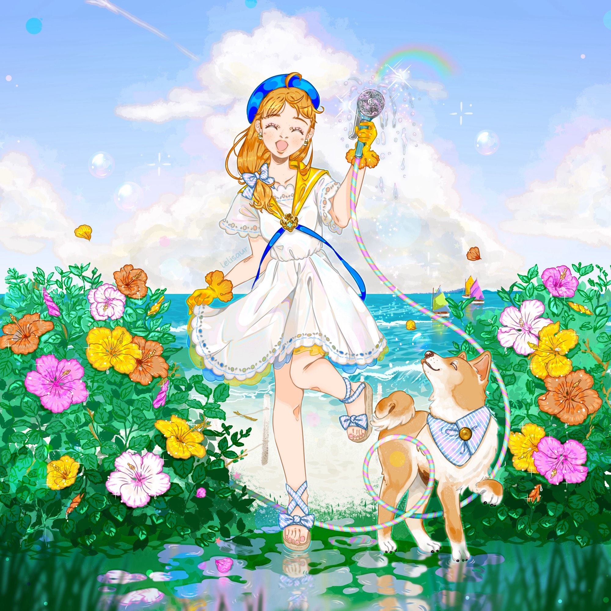 Cute girl playing with a water hose in a peaceful beach scene with a shiba inu and colorful hibiscus