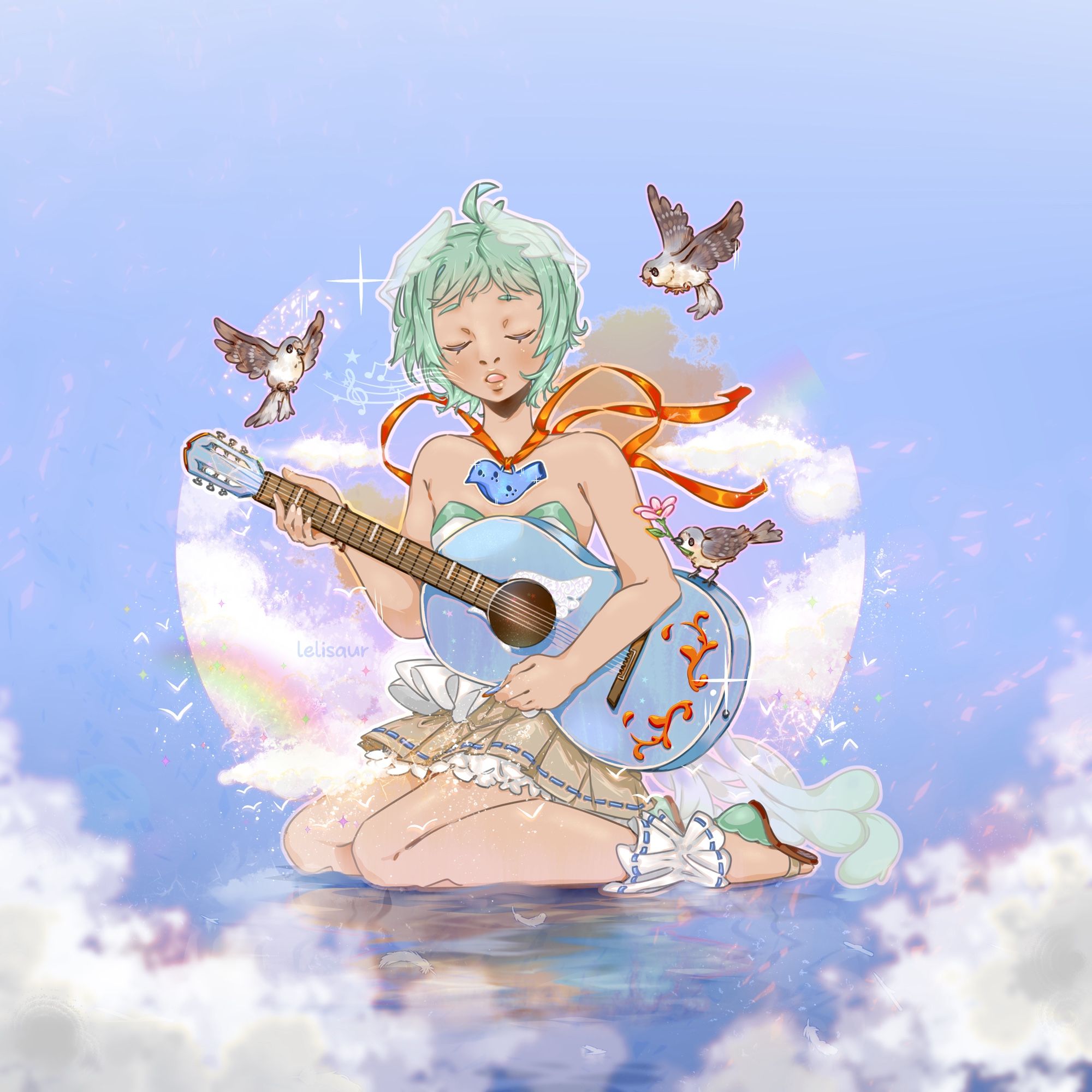 Green short hair girl playing guitar for birds in the clouds