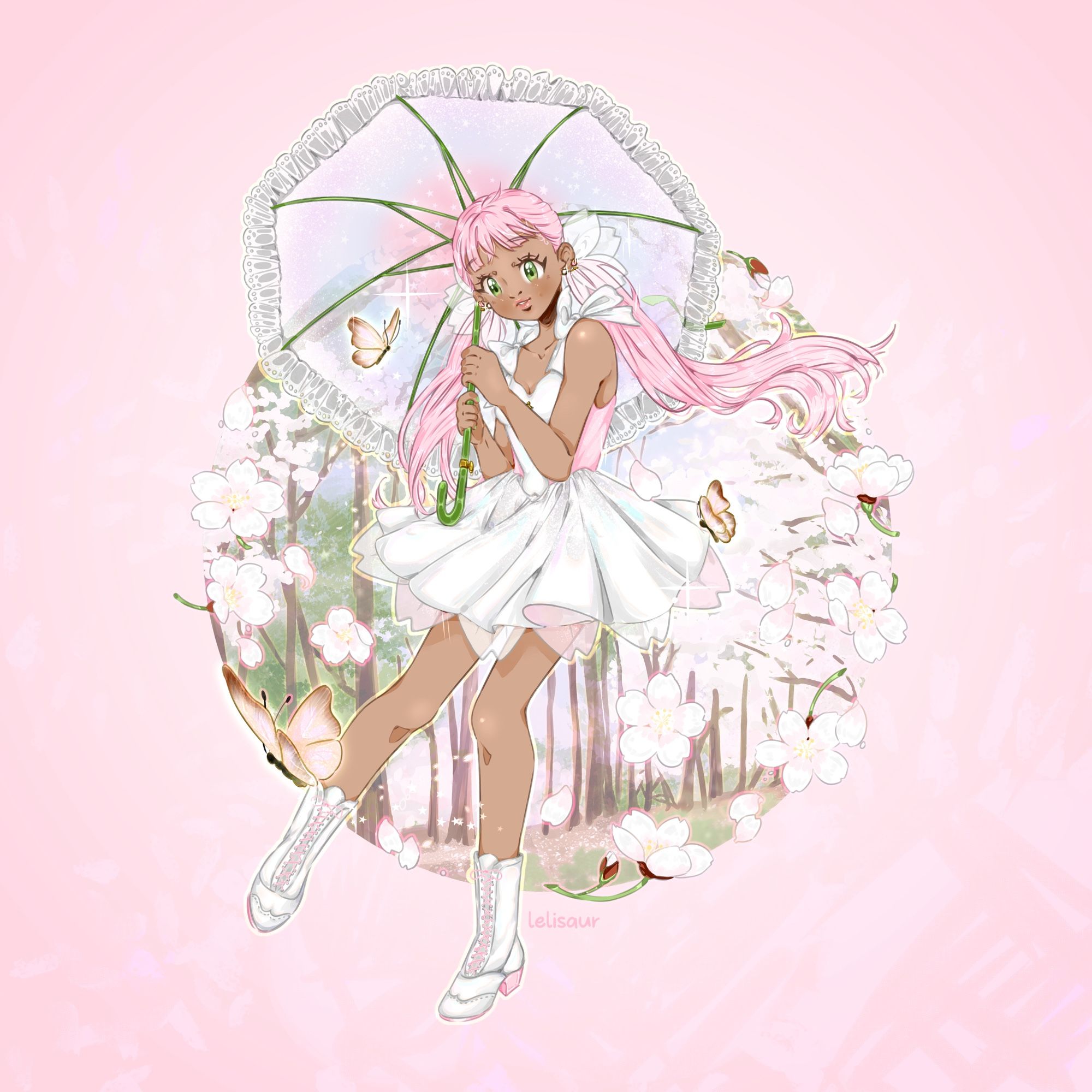 Cute girl with a parasol and butterflies and cherry blossoms