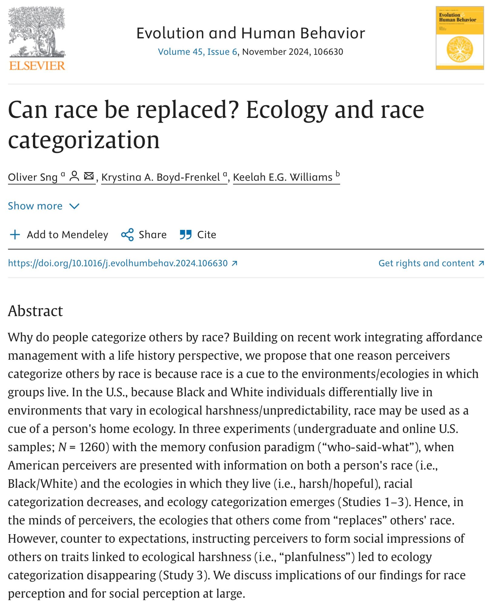 Can race be replaced? Ecology and race categorization. Why do people categorize others by race? Building on recent work integrating affordance management with a life history perspective, we propose that one reason perceivers categorize others by race is because race is a cue to the environments/ecologies in which groups live. In the U.S., because Black and White individuals differentially live in environments that vary in ecological harshness/unpredictability, race may be used as a cue of a person's home ecology. In three experiments (undergraduate and online U.S. samples; N = 1260) with the memory confusion paradigm (“who-said-what”), when American perceivers are presented with information on both a person's race (i.e., Black/White) and the ecologies in which they live (i.e., harsh/hopeful), racial categorization decreases, and ecology categorization emerges (Studies 1–3). Hence, in the minds of perceivers, the ecologies that others come from “replaces” others' race...