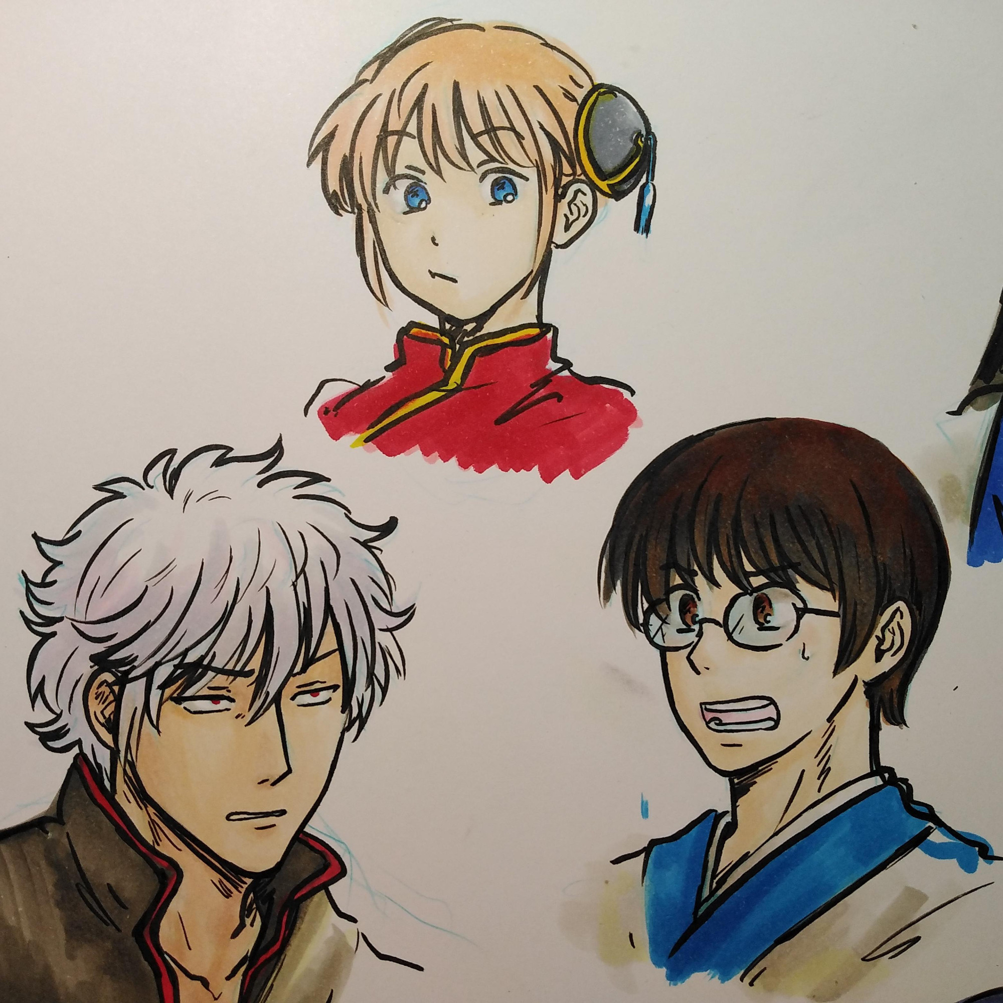 headshots of gintoki, kagura, and shinpachi