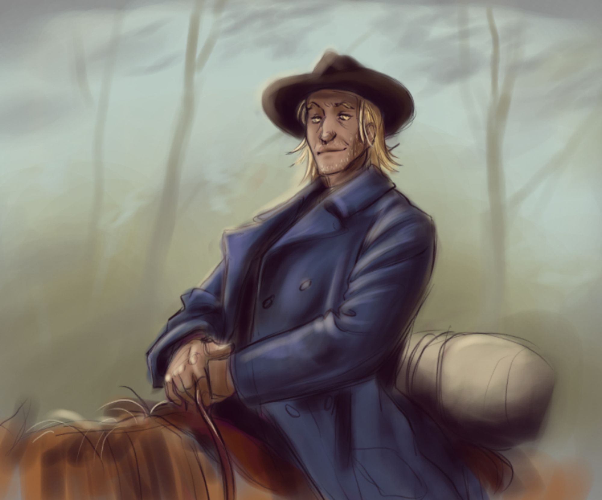 A colored sketch of a cowboy man on a horse with a soft pastel background. He wears a navy long coat and a brown hat. His hair is golden yellow along with his eyes.