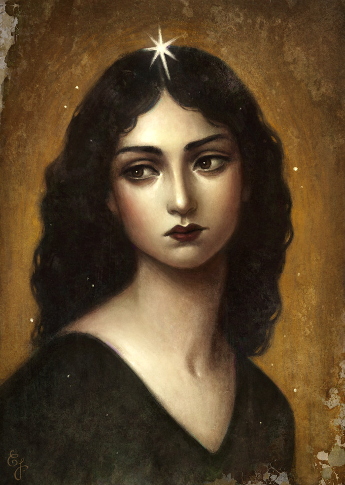 Digital painting portrait of a woman with dark hair and dark clothes, with a pensive, somewhat stern expression, eyes turned to the left. The background is golden-ochre. A star shines at the top of her head.