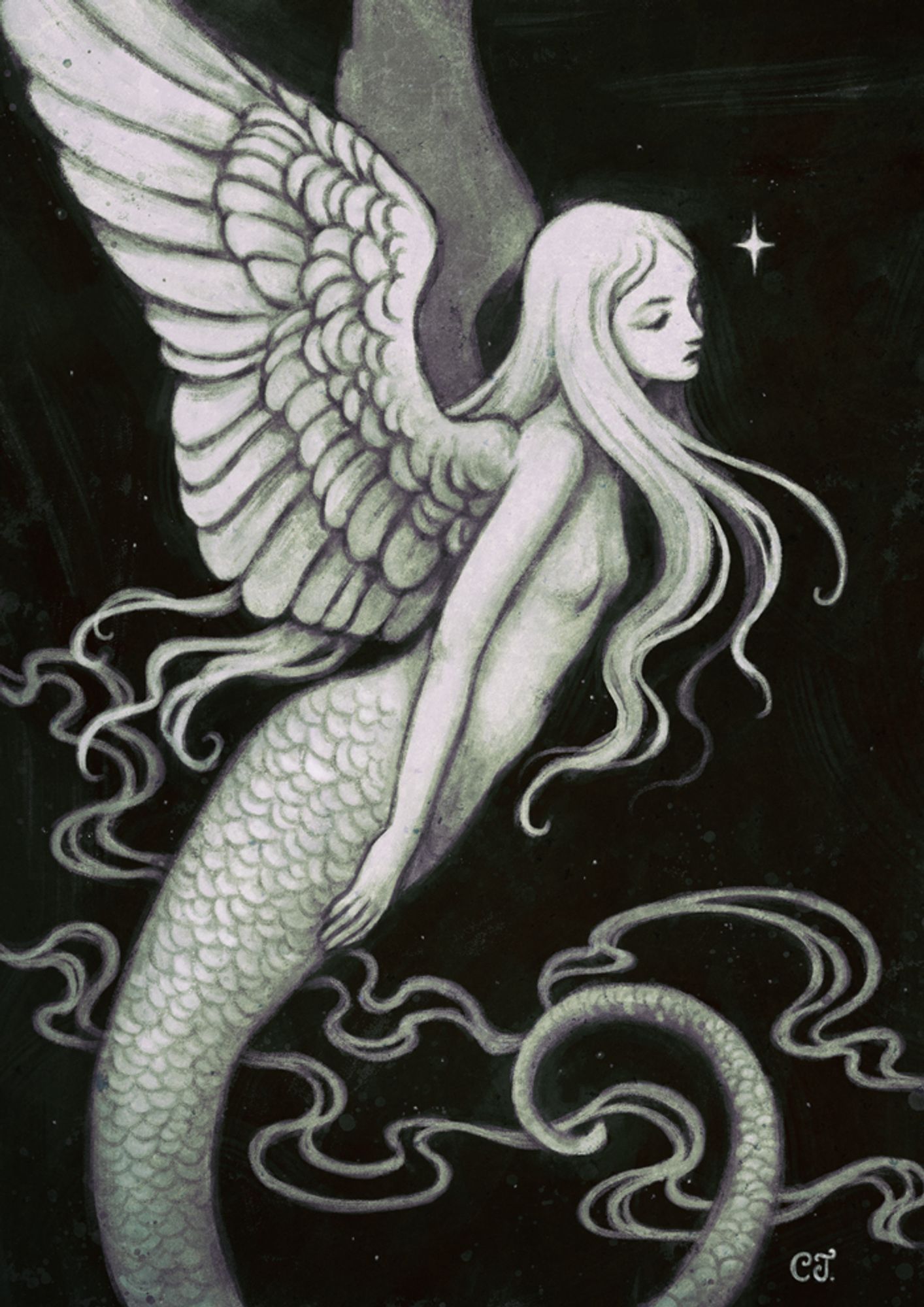 Digital artwork in monochromatic colors of a female being with wings and a mermaid-like serpentine tail. A star shines in the distance, near her forehead.