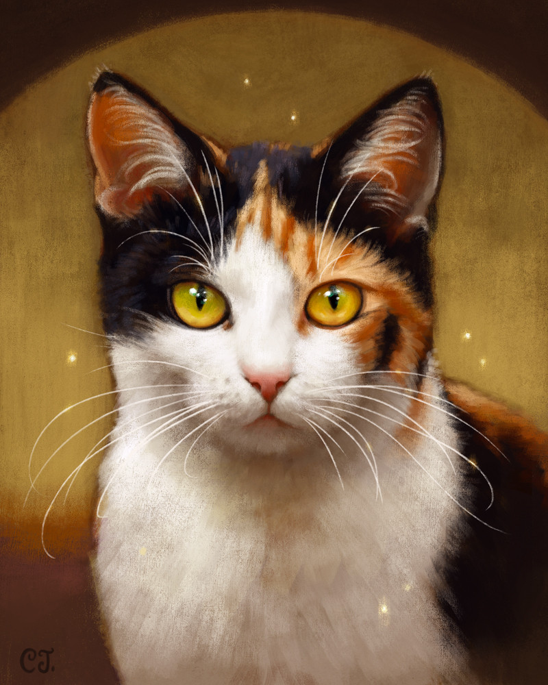 Digital painting of a calico cat with yellow eyes, on a golden background, with little sparkles floating around her.