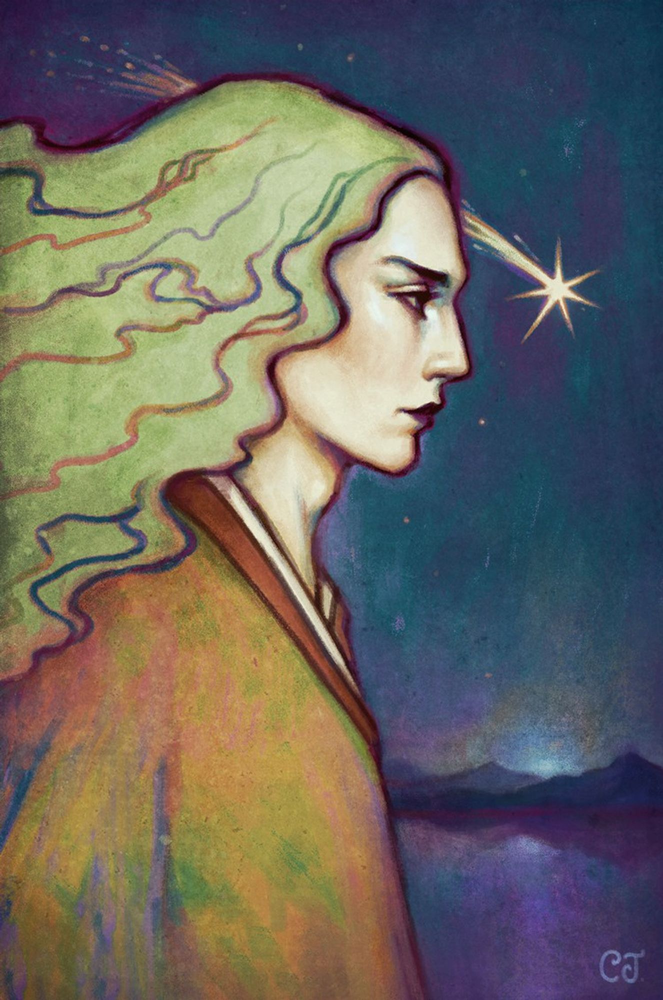 Digital painting of an androgynous man with long flowy light green hair, facing right. He wears orange. He has a stern, determined expression. In the background, distant mountains are seen with a mysterious, iridescent light shining behind. A shooting star is seen behind the man in the sky.