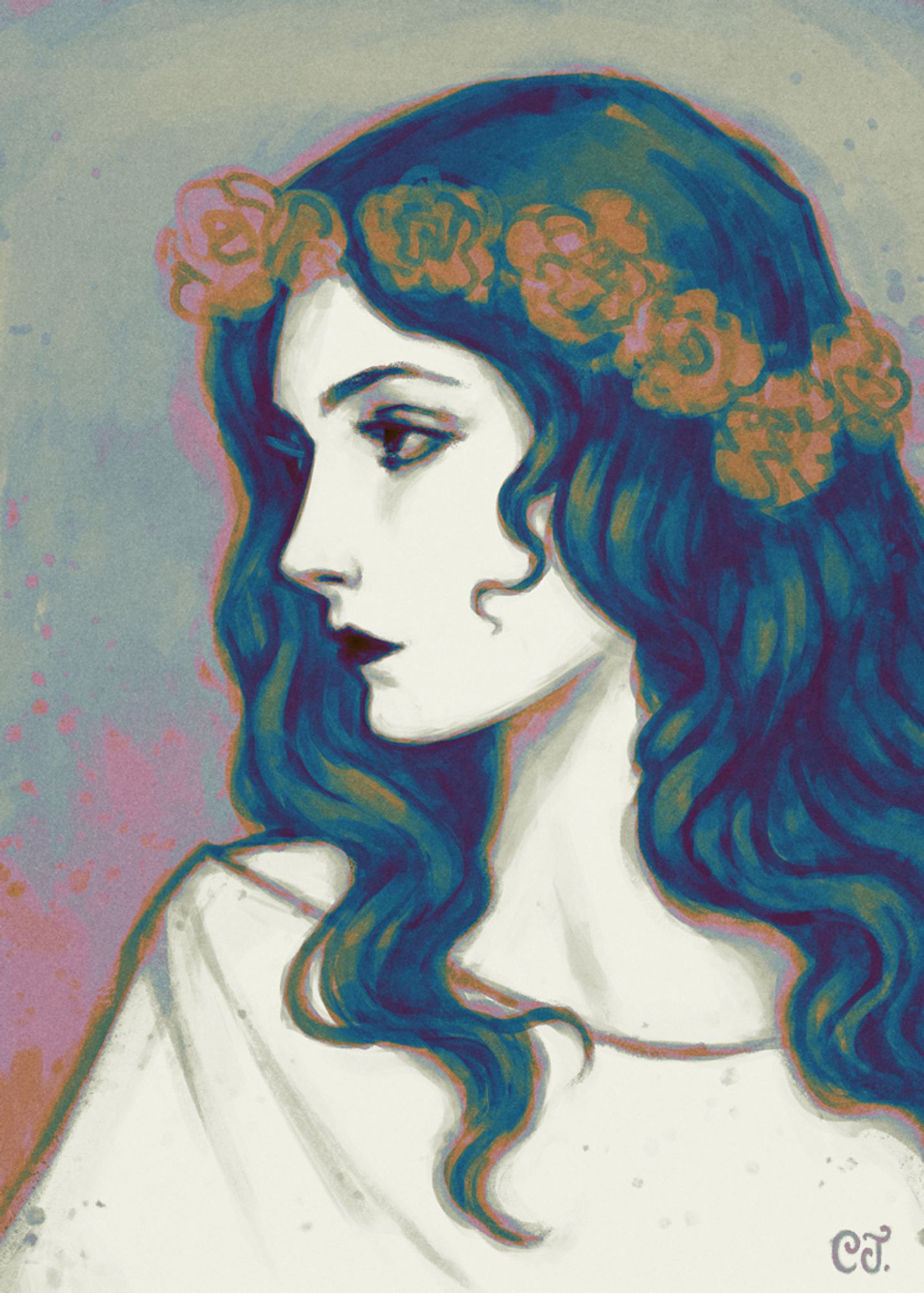 Digital artwork of a woman with greenish blue hair, a crown of orange flowers, wistfully looking away.