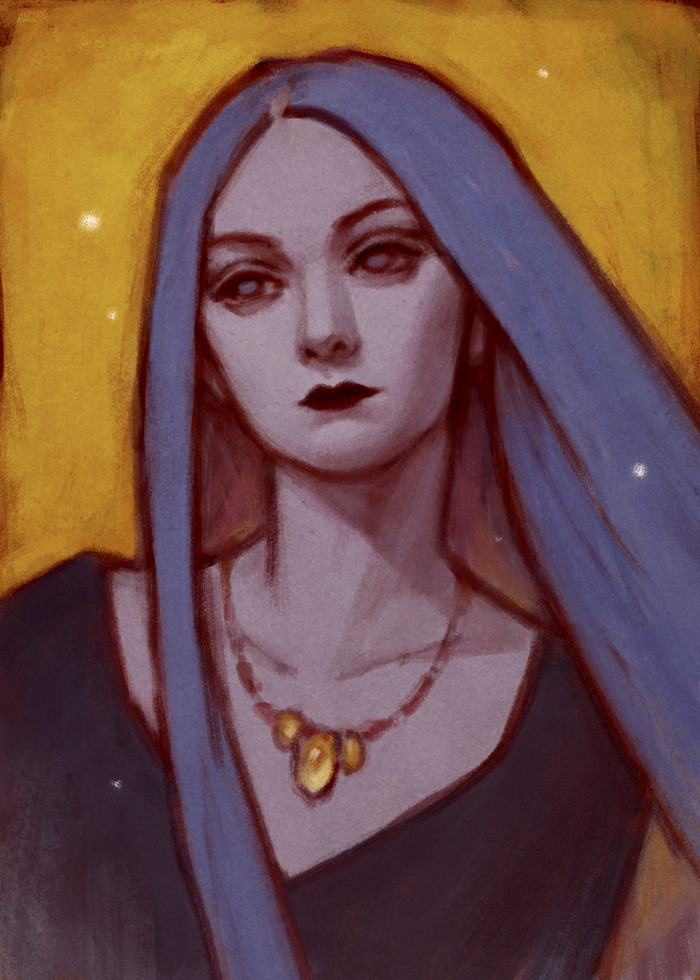 Digital painting of a woman with long light purple hair, on golden-yellow background. She has dark lips and gazes into the distance. She wears a necklace of yellow gems.