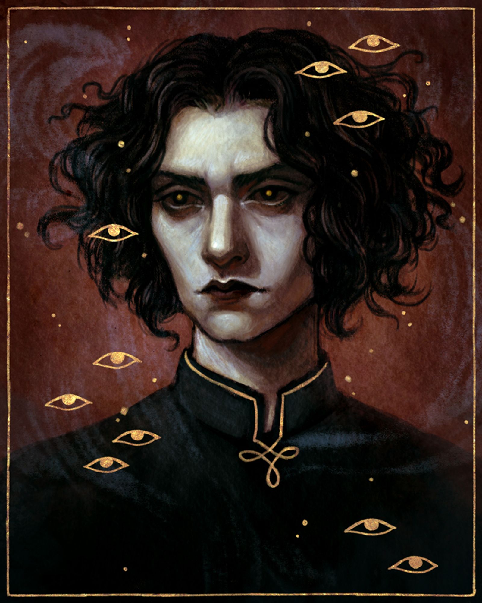 Digital painting of androgynous man with dark lips and black, wavy hair, wearing a dark, high-collared garment, against a brownish-red background. He has a solemn, somewhat severe expression gazing away from the viewer. His pupils are golden, and he is surrounded by floating eyes outlined in gold.