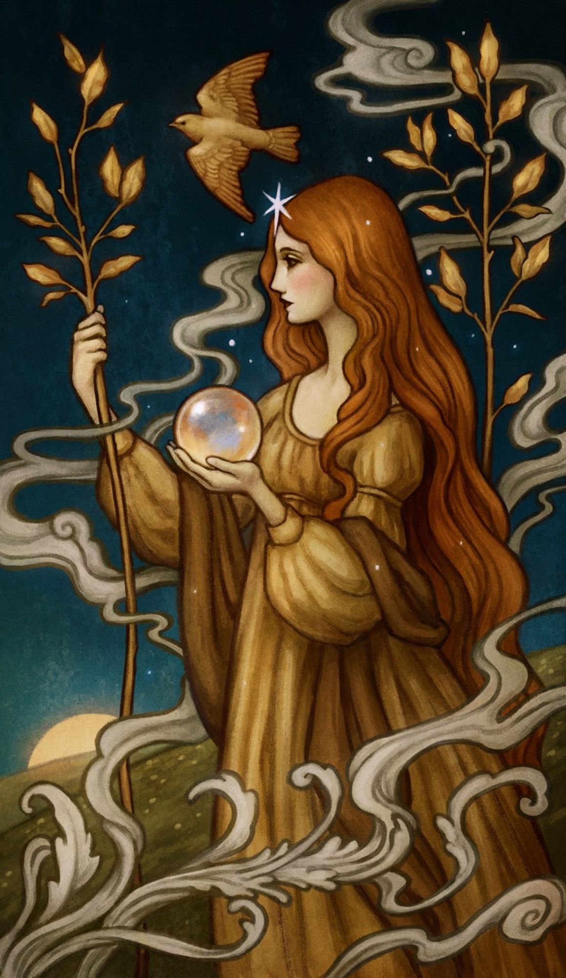 Digital painting of a woman in a gold-yellow dress, holding a branch with golden leaves in one hand and an iridescent crystal ball in the other. Another branch stands behind her. Swirly mist dissolves around her and a yellow bird flies a bit a head of her. The sun rises in the horizon and she has a start in her forehead.