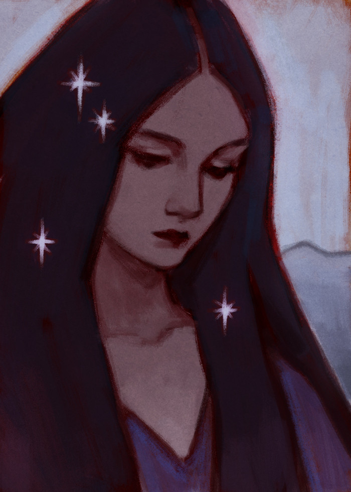 Digital painting of a woman looking down as if in meditation. She has a tan skin and long, dark hair. She wears purple clothes and has stars on her hair.