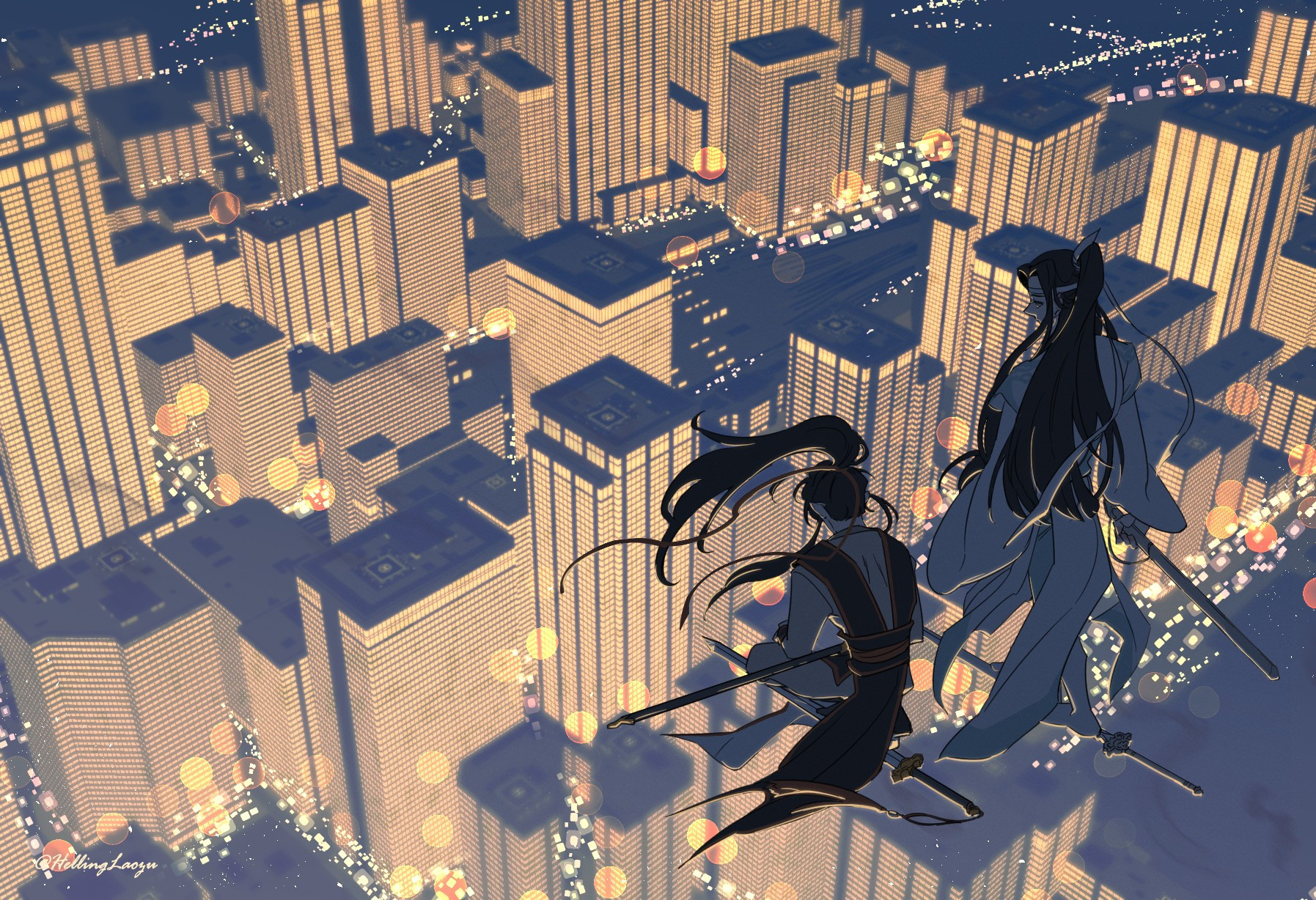 transformed teen wangxian flying over a brilliant night cityscape on their swords. wwx is crouched on his sword looking down at the buildings, while lwj is looking at wwx.