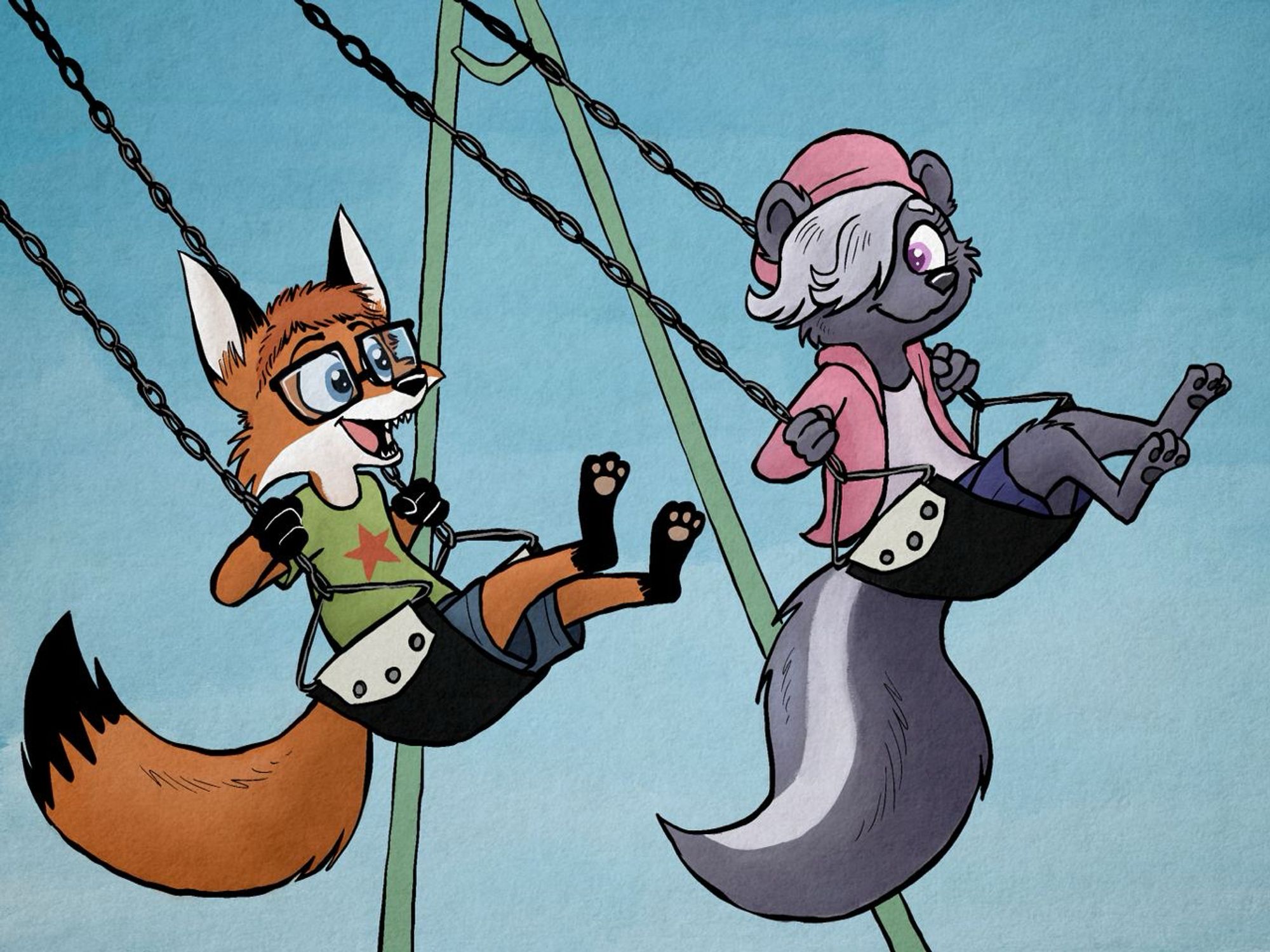 Fox boy and skunk girl on swings