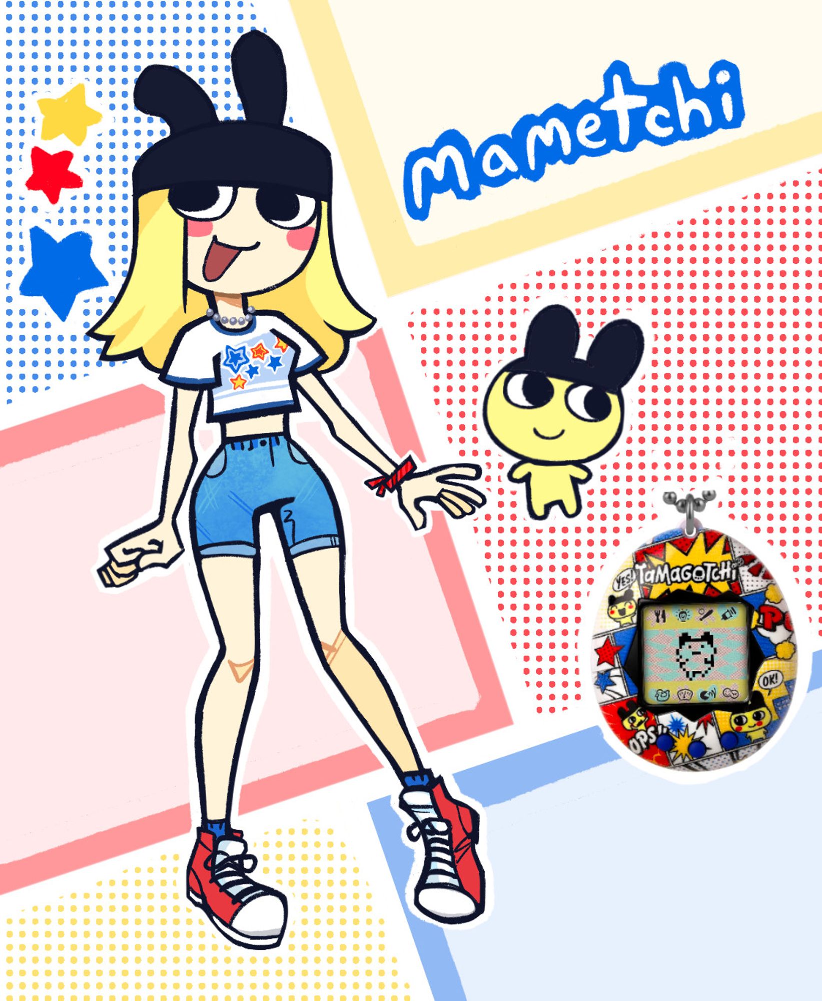 A Blonde girl posing next to Mametchi, a character from Tamagotchi, who she is meant to represent.