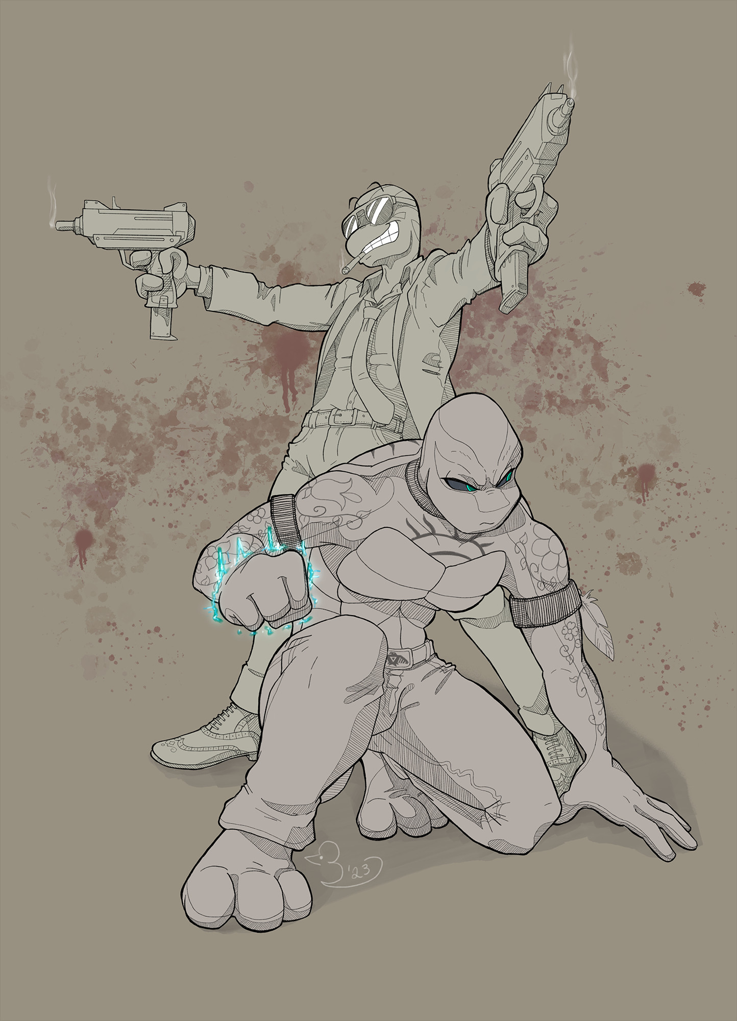 Digital art of Ishkode (crouched) and Oli (with the guns) done in a comic-ish style