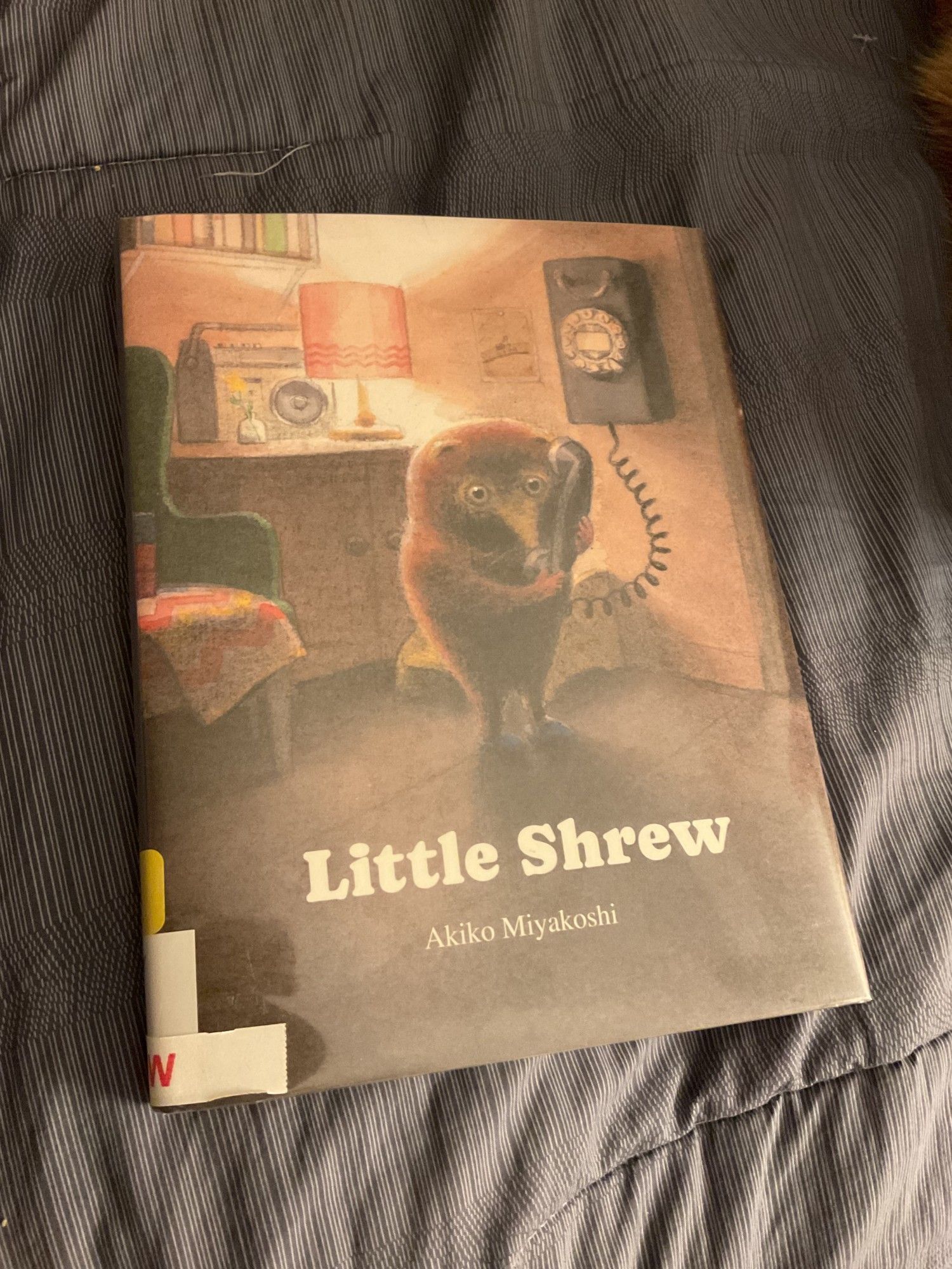 Photo of the book LITTLE SHREW by Akiko Miyakoshi. Cover art shows a shrew standing in a dimly lit room with a black wall phone to his ear.