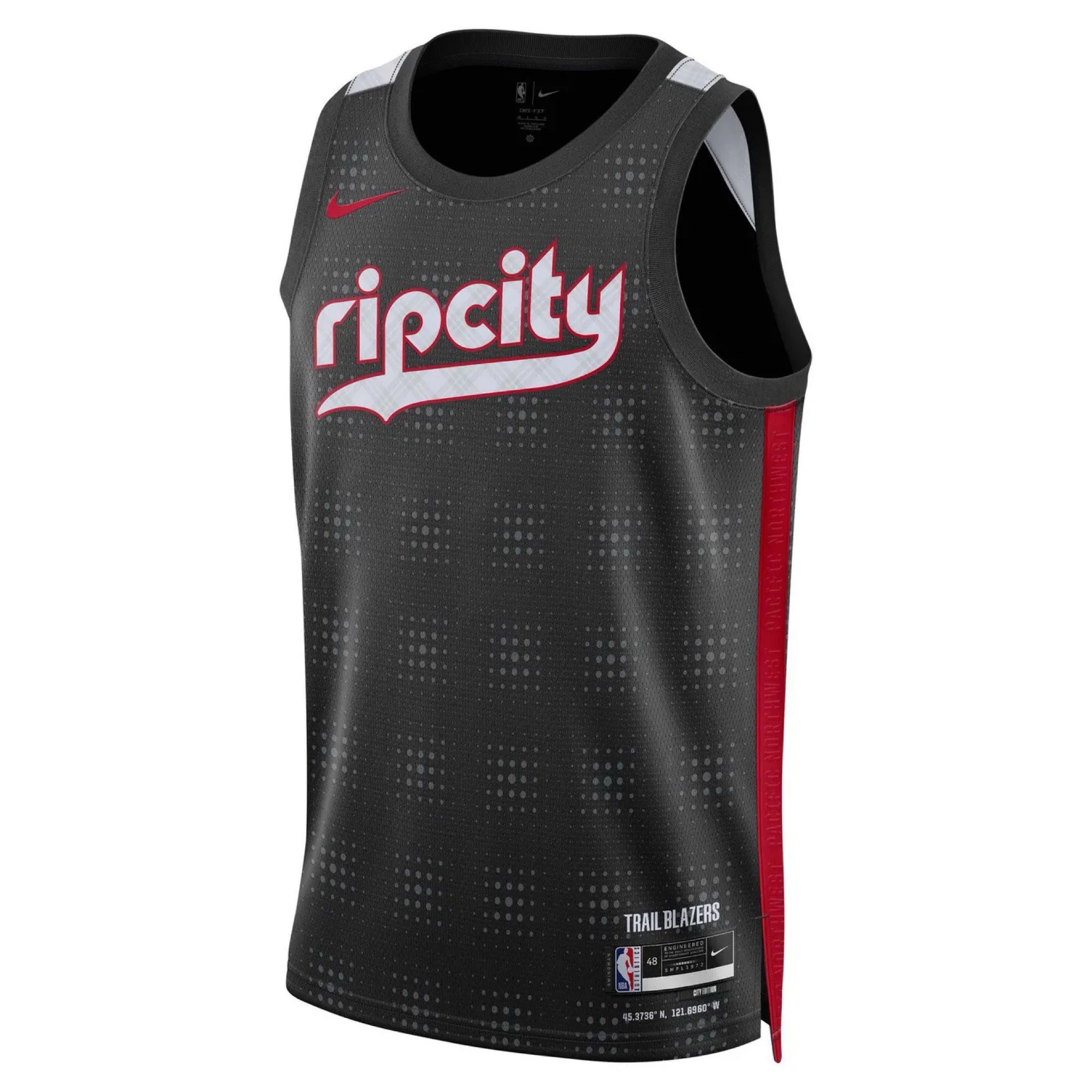 The Blazers City Edition jersey. It’s black with faint grey halftone plaid pattern, red piping, and ripcity in a baseball jersey font.