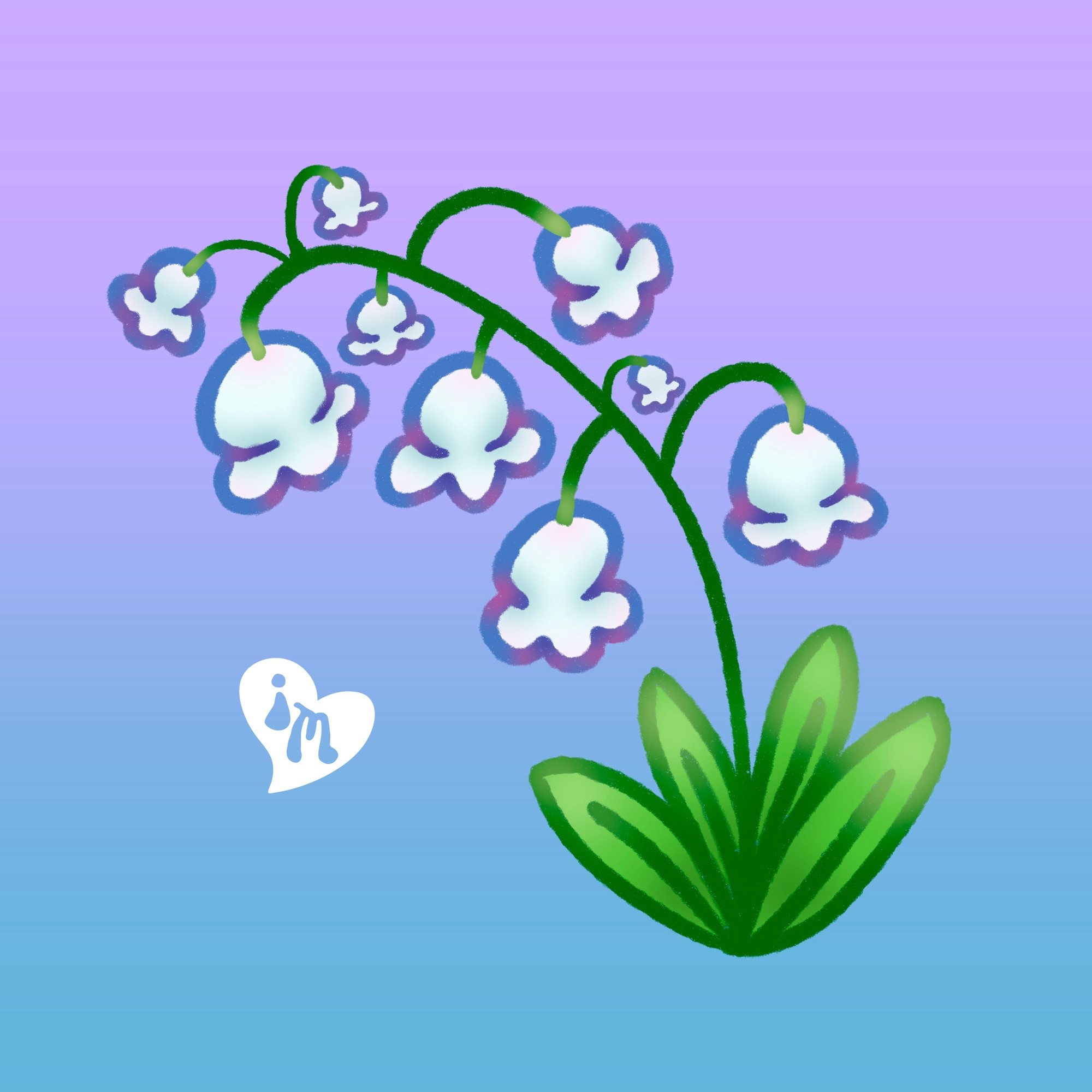 An illustration of a lily of the valley flower done by me. It uses a pastel color palette of blues, purples, and pinks with a green stem and leaves. The background is a gradient of purple and blue.