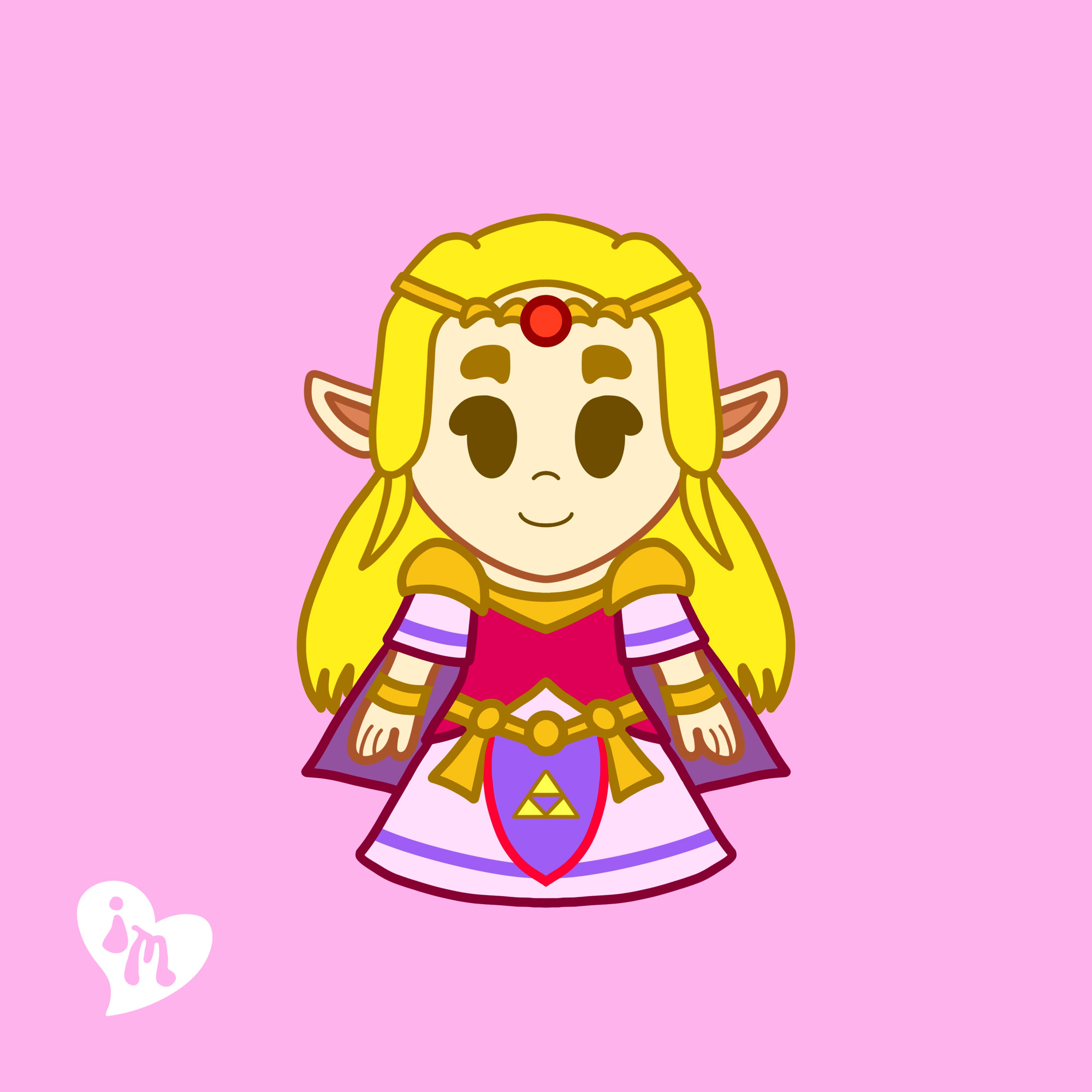 Drawing of Zelda’s Echoes of Wisdom design. She has long blonde hair and wearing a gold crown with a red circular jewel, a pink dress with purple accents and a triforcd the skirt and a cape in the back, and some gold jewelry.