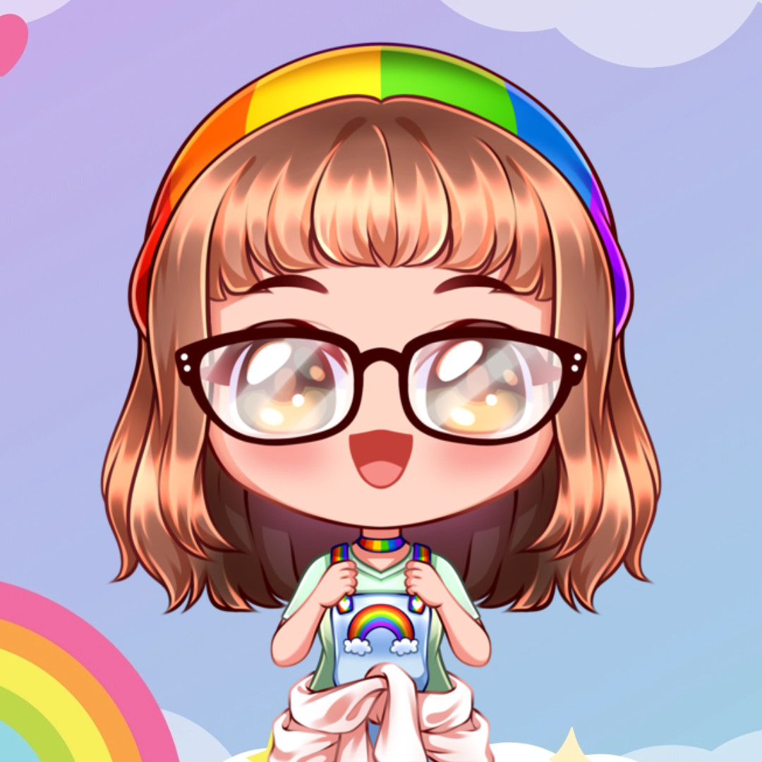 illuMattea's PNGtuber model, a chibi character with red hair and brown eyes. She is wearing a rainbow hat, black big round glasses, a rainbow chocker, pastel green t-shirt, and denim overalls with rainbows on them. Her waist has a pastel pink sweatshirt wrapped around it. She has her mouth open forming a small and her hands lifted up in excitement. The background is a gradient of blue and purple with clouds, sparkles, hearts, and rainbows all over.