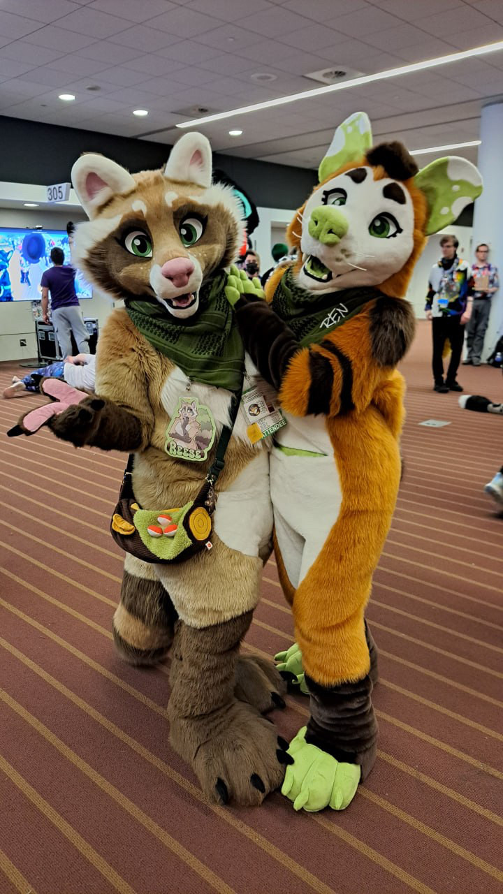 Photo of a cinnamon raccoon fursuiter posing with a brown and green opossum fursuiter. They are clearly in love. 
