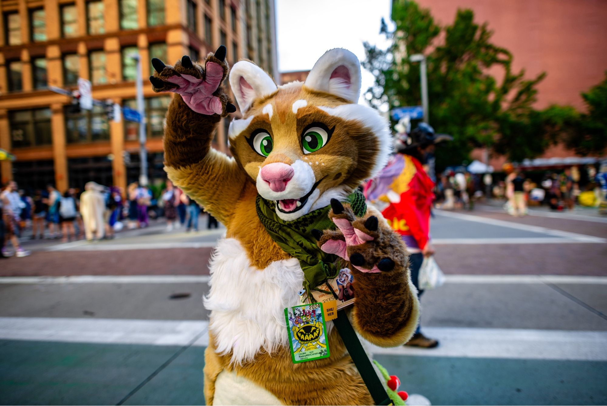 Photo of a cinnamon raccoon fursuiter with her grabby hands wiggling in the air. Her scarf and chest fluff is ruffled by the wind blowing through Anthrocon’s downtown block party.