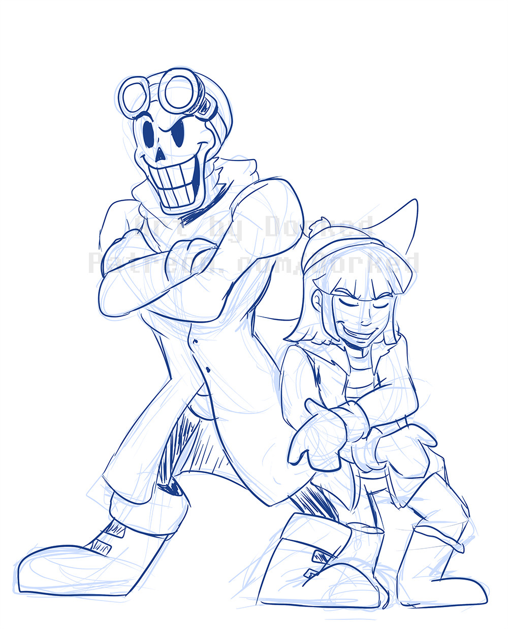 Inverted Fate Papyrus and Frisk striking the Goof Troop pose.