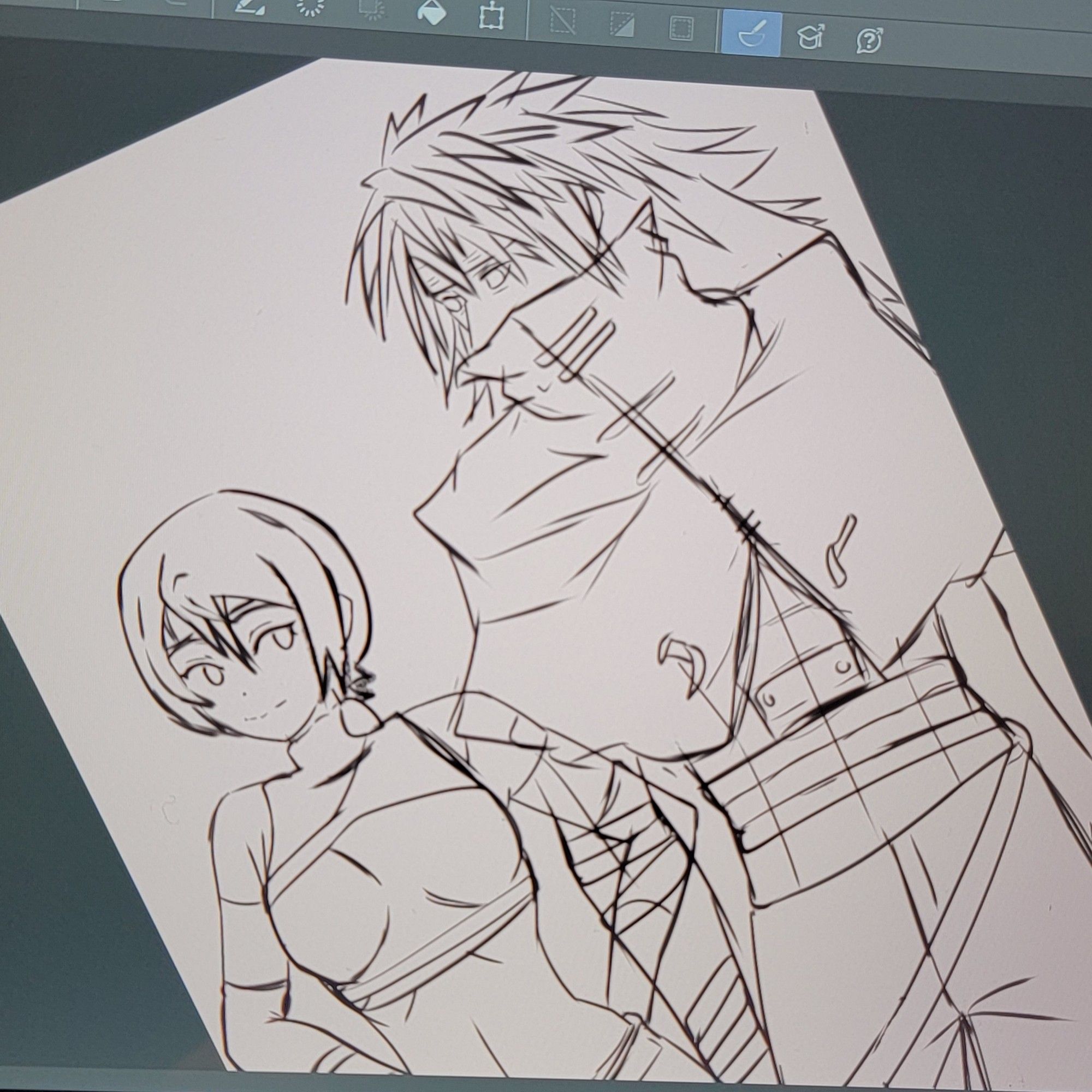 Wip Yuffie kisaragi is looking at Vincent Valentine with a smile, while he is staring at her with curiosity