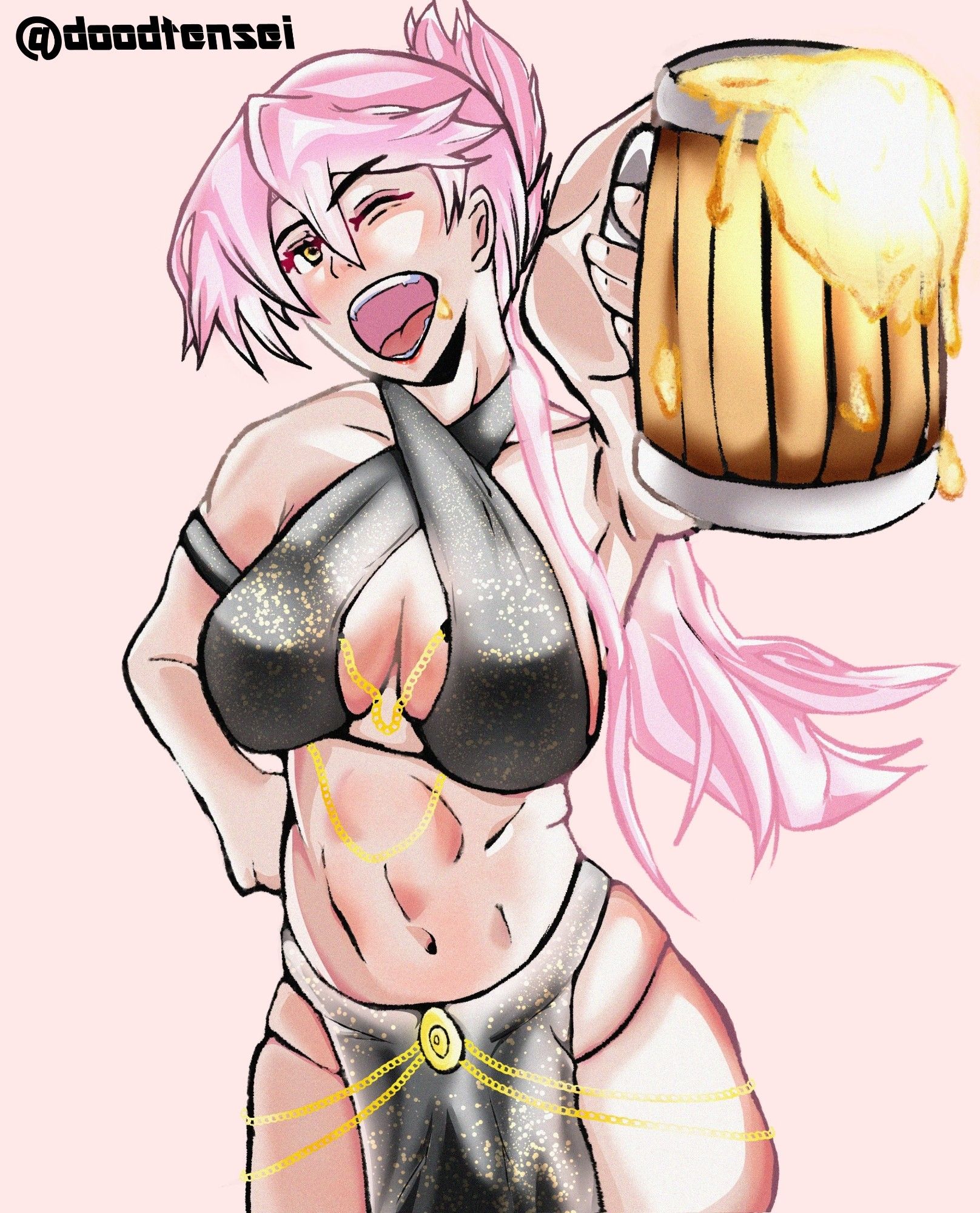 Illustration of Sara Valestein from Legend of Heroes Cold Steel giving cheers to the veiwer with some beer leaking from the side of her cheek. She is wearing a Black dress with gold chains hanging on the chest area and the waist area. My Birthday piece.