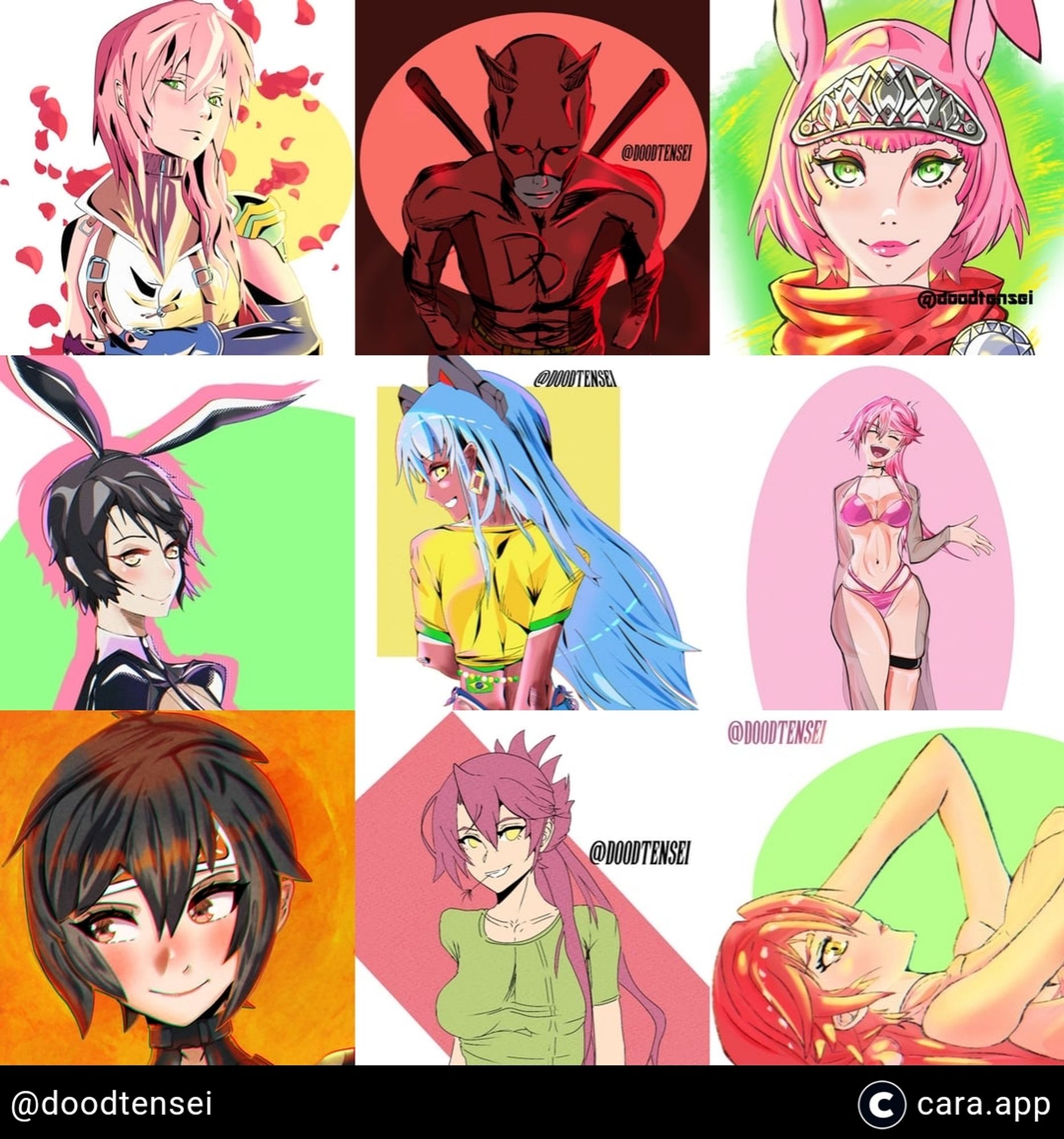 My top 9 illustrations on Cara a art and social media website and app.
Lighting from FF13, Daredevil from Marvel, Catherina from Metaphor Re Fantazio, Tio Plato from Trails into Zero, Yuffie Kisaragi from FF7 and Sara Valestein from Trails of cold steel