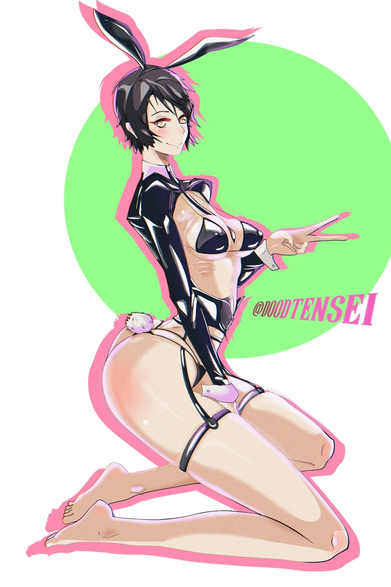 #FF7 #FinalFantasy 

Illustration of Yuffie Kisaragi from Final Fantasy 7 in a erotic bunny outfit kneeling down looking at the camera smiling at the viewer with one hand tucked in between her thighs and the other hand doing the peace sign at the viewer.