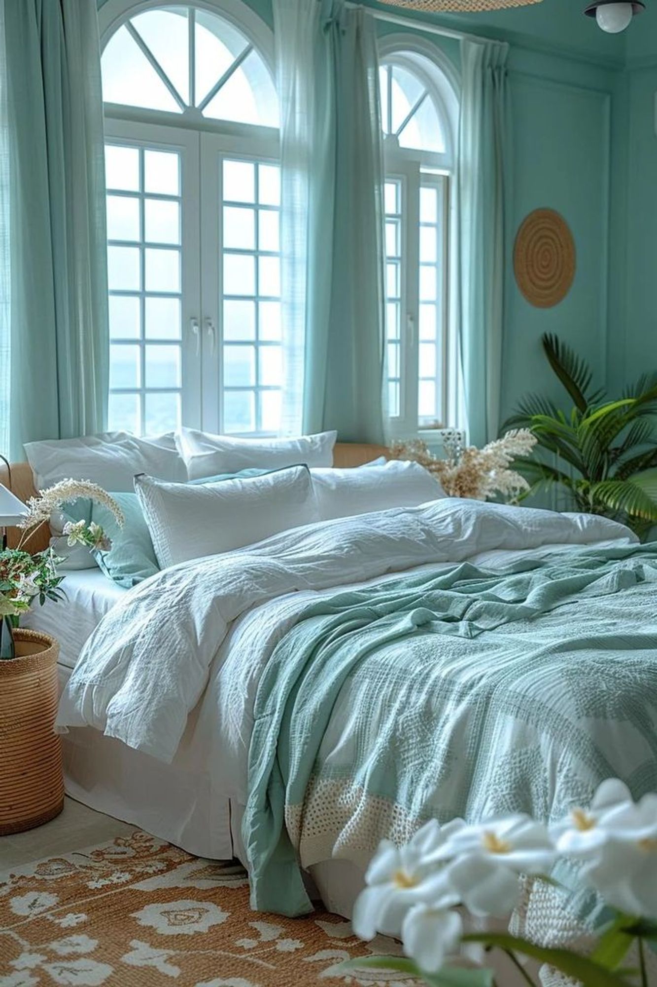 A pale blue bedroom with two sets of casement windows, and a big bed furnished with luxurious white and blue bedlinen. there is a tan rug on the floor and the nightstand is made of raffia. There are plenty of plants around the space.