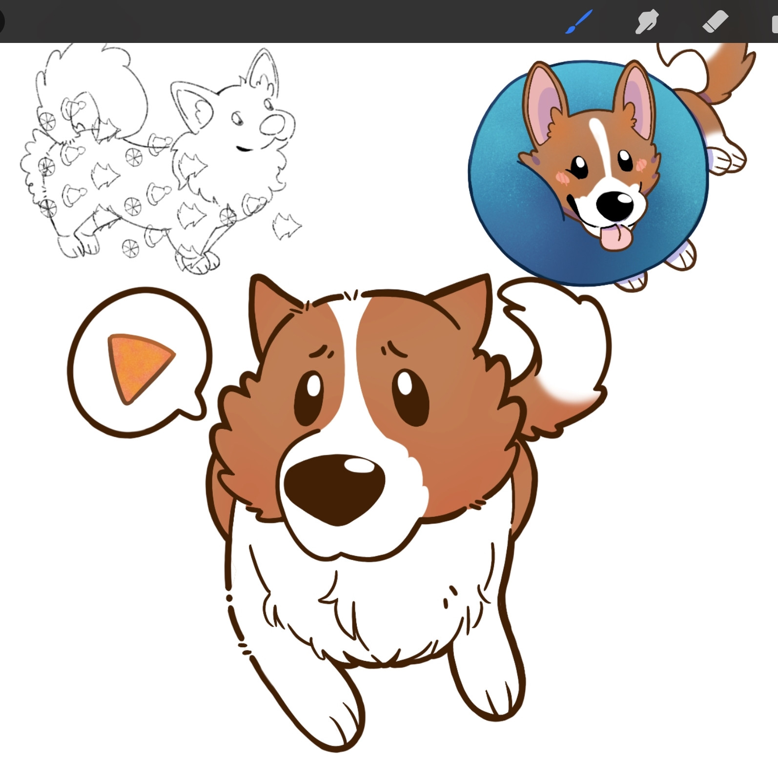 "Whiskey" Corgi sticker WIPs. Art by @chibimaria.bsky.social