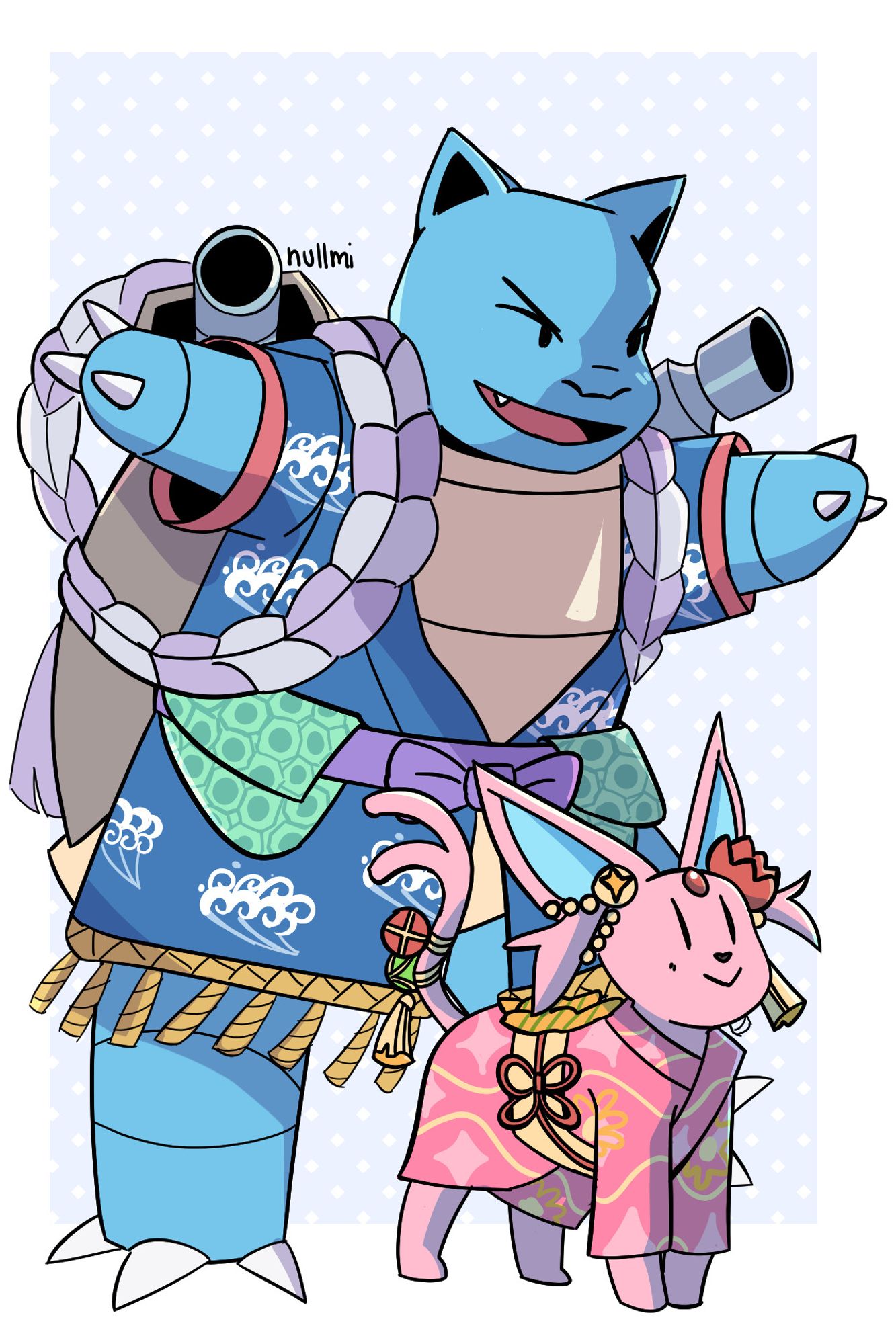 Digital art of Blastoise and Espeon's Hollowear from Pokemon Unite