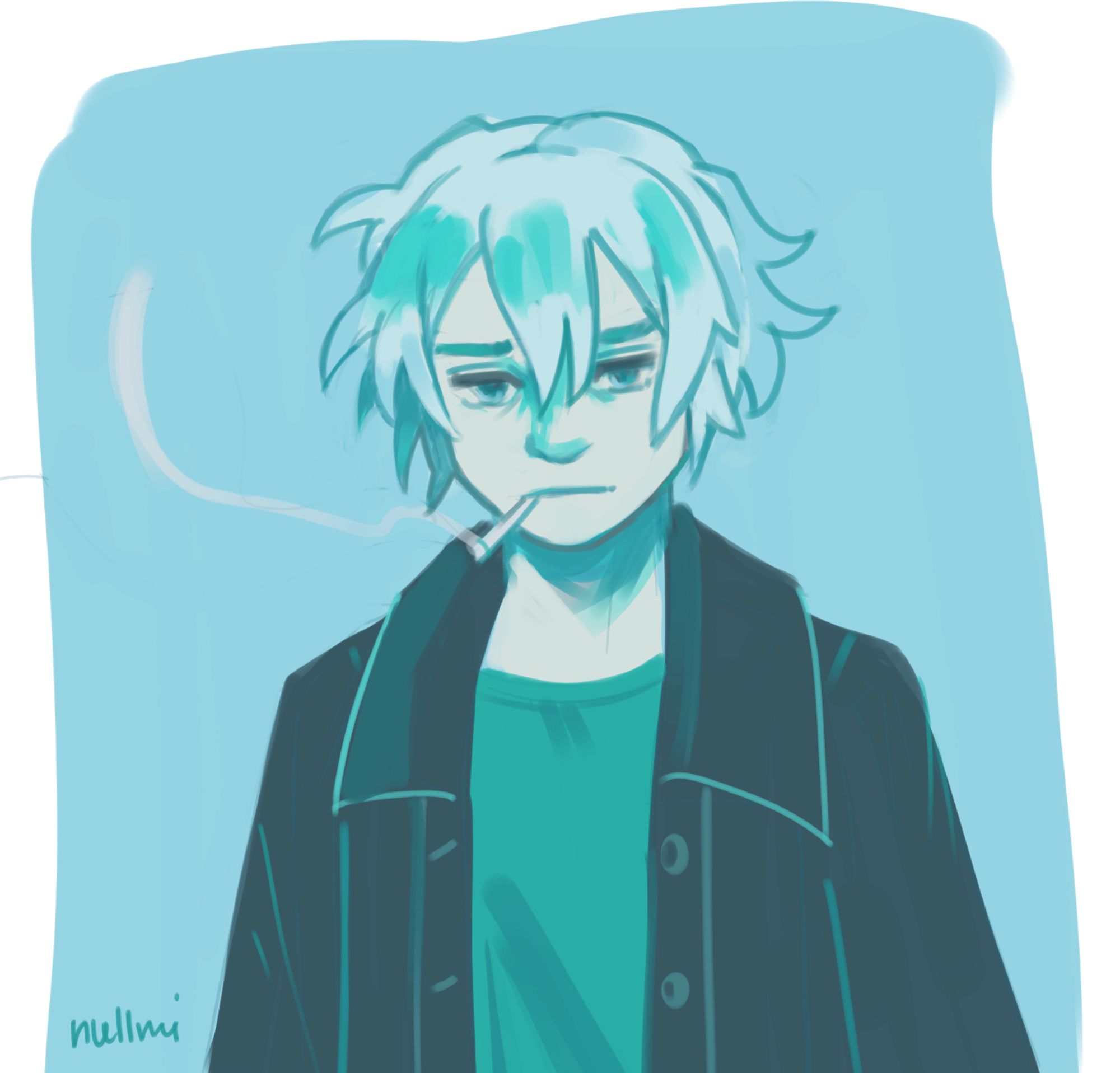 Digital art of a character with white hair with a cigarette in their mouth.