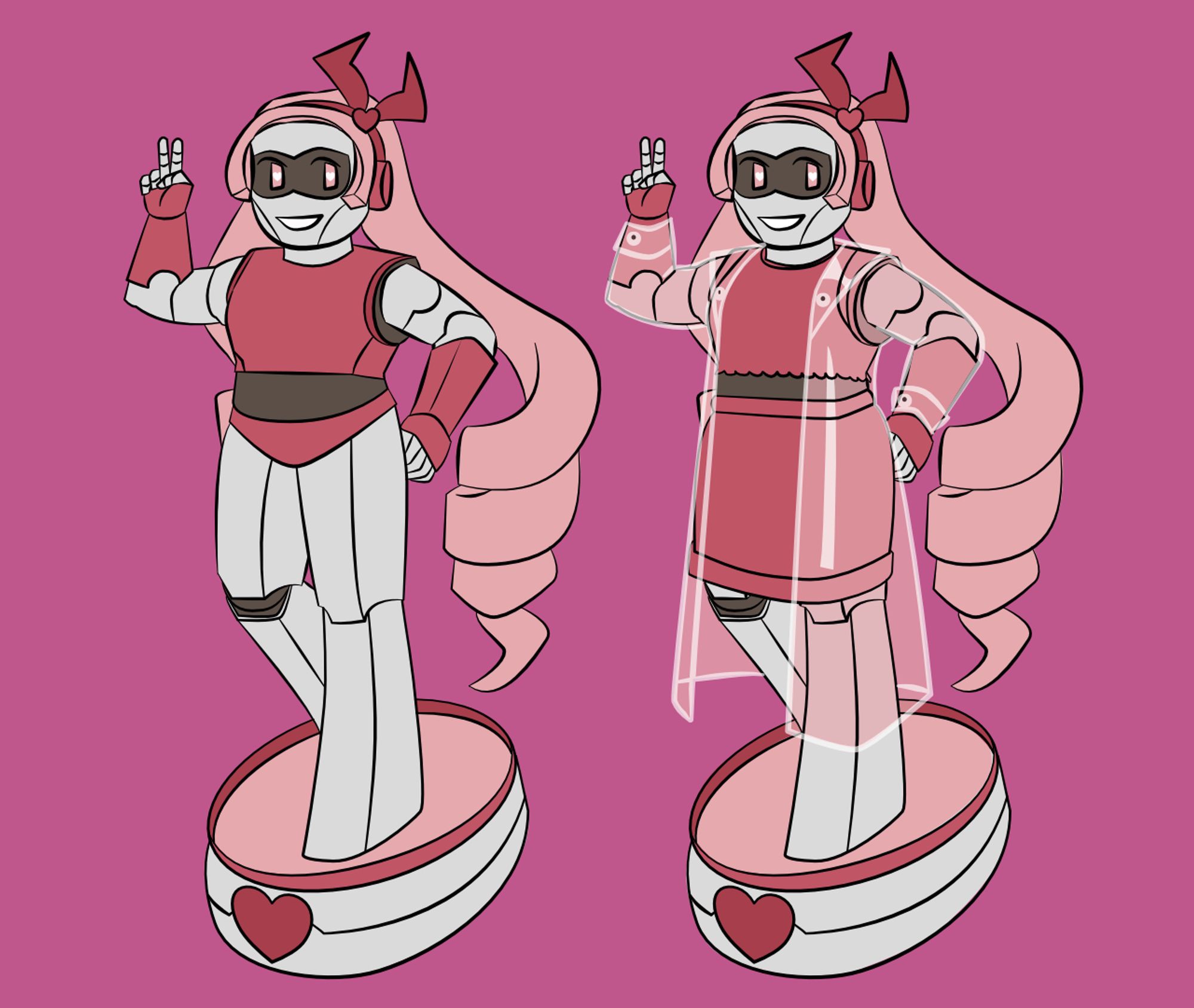 Digital art of my OC Lykabot. She's a robot character with pink hair, and a big charging dock with a heart. Her alternative outfit has her in a raincoat.