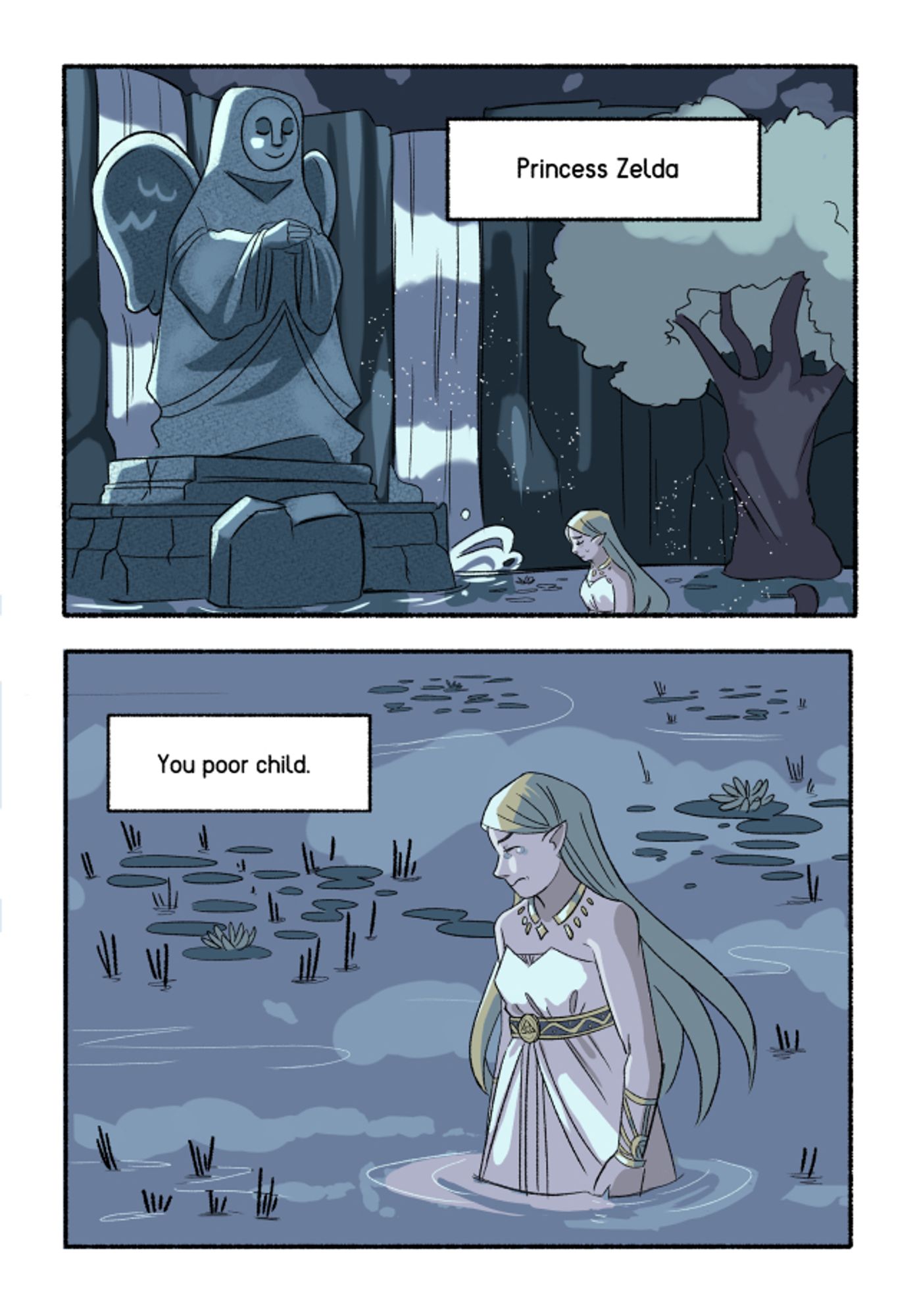 2 comic panels. 
In panel 1: Zelda is at Hylia's statue. Zelda is partially in the lake.Text: Princess Zelda.
In panel 2: A medium wide shot of princess zelda