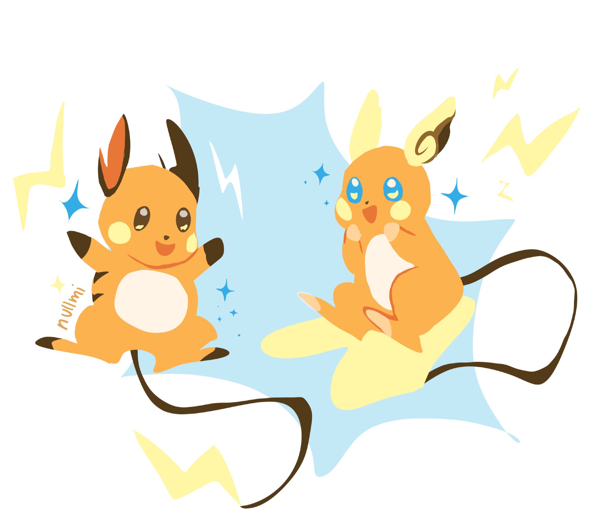 Digital art of Raichu's Kanto form and Alolan form