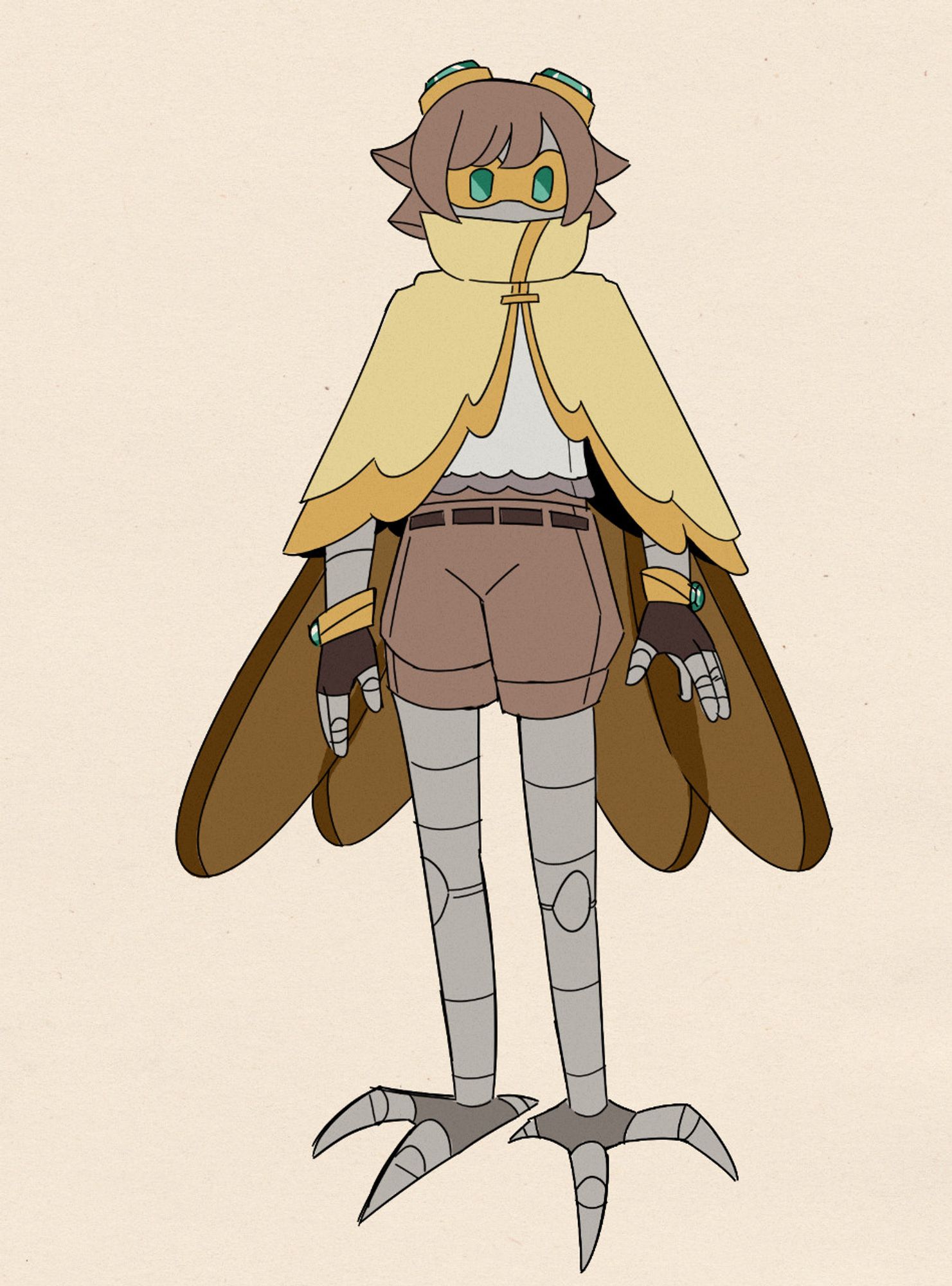 Digital art of a robot character with plastic brown wings and bird-like legs