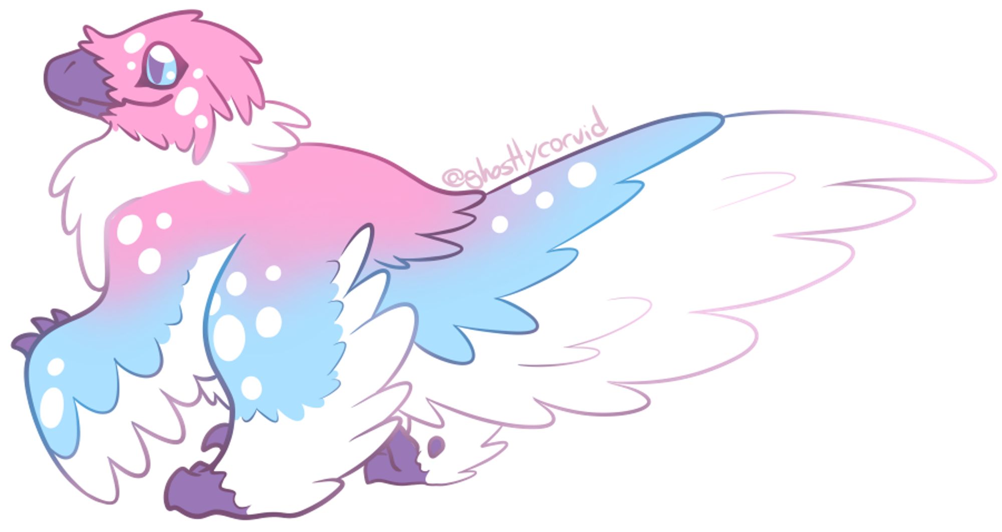 Extremely fluffy raptor in pink, blue, and white