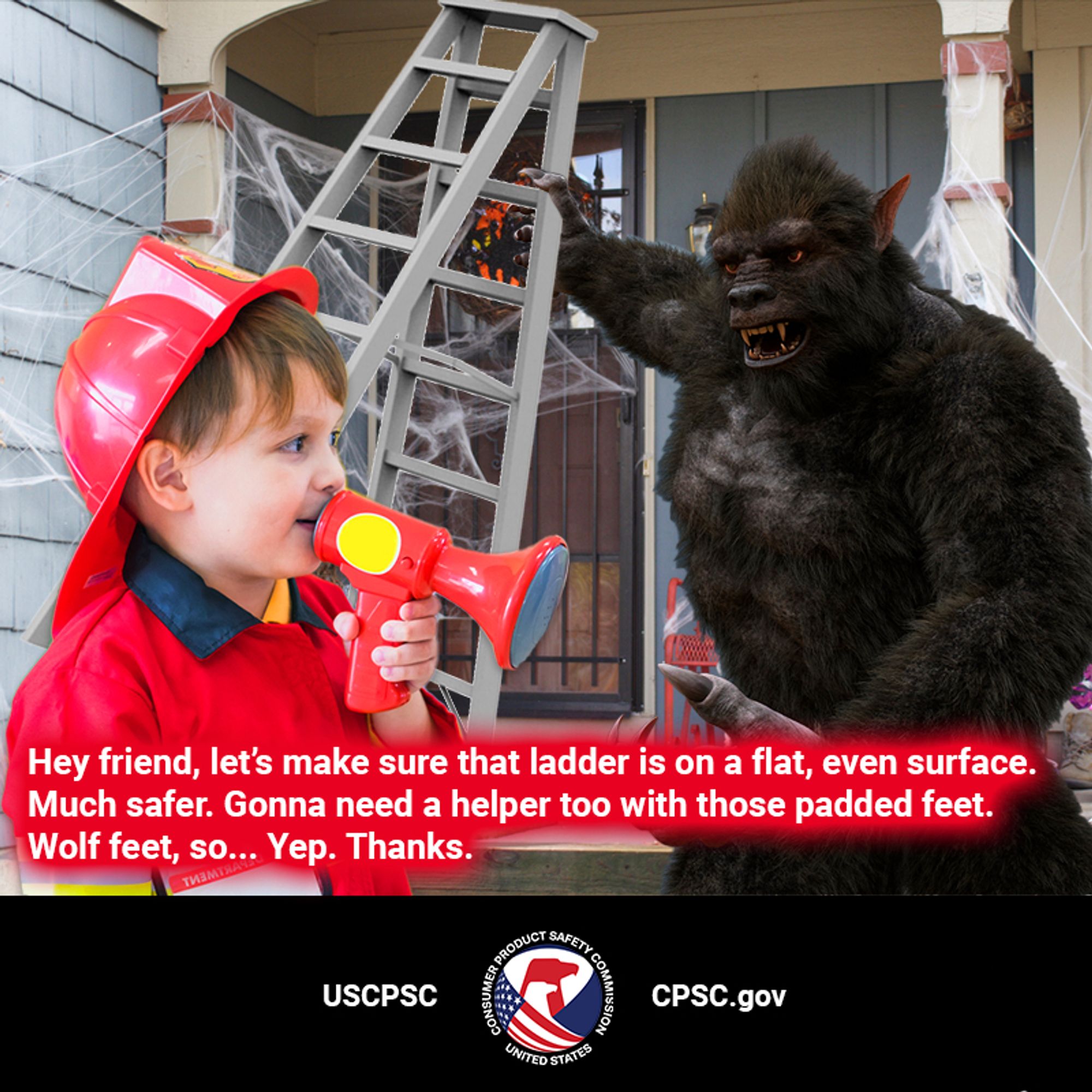 A werewolf holding a ladder outside a home. There is a kid -- Wade, the town safety sergeant -- dressed as a fire fighter in the werewolf's yard. Wade has a bullhorn and is holding it way too close to his mouth. Wade says, "Hey friend, let's make sure that ladder is on a flat, even surface. Much, safer. Gonna need a helper too with those padded feet. Wolf feet, so... Yep. Thanks.