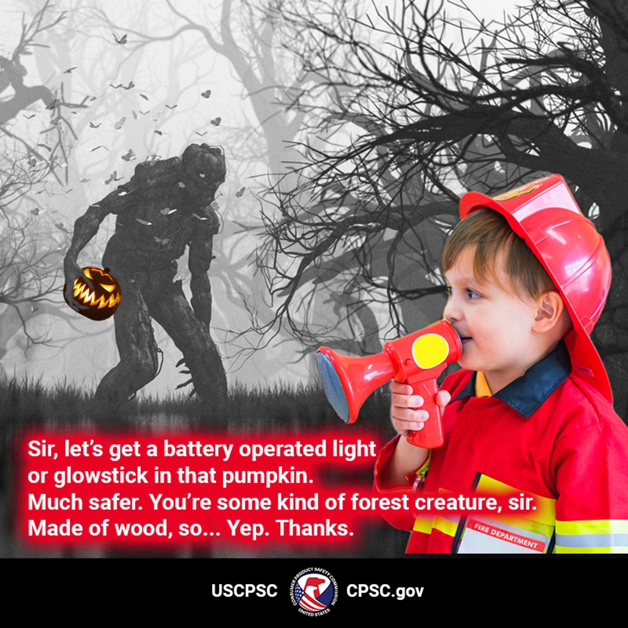 A spooky forest creature made of wood walking through the forest holding a jack-o-lantern that has a candle in it. There is a kid named Wade - the town's Halloween Safety Inspector, dressed as a fire fighter with a bullhorn in the foreground. The kid says, "Sir, let's get a battery operated light or glowstick in that pumpkin. Much safer. You're some kind of forest creature, sir. Made of wood, so... Yep. Thanks."