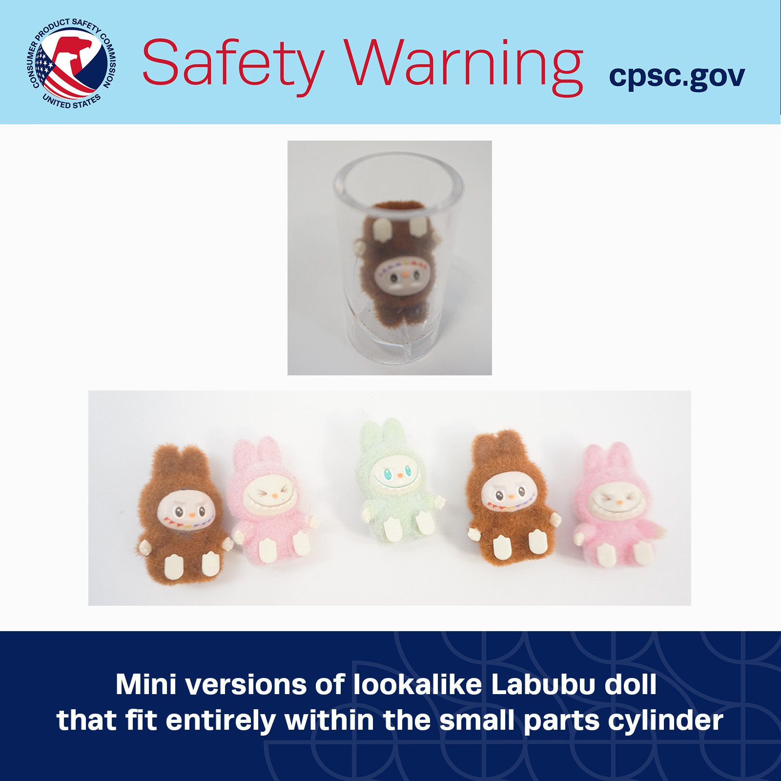 Mini versions of lookalike Labubu doll that fit entirely within the small parts cylinder 