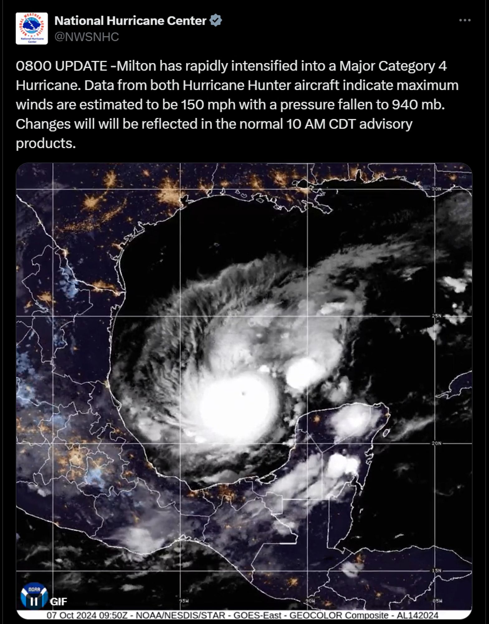 A screenshot of a social media post from the national hurricane center. There is a picture of hurricane milton. The text reads: 0800 UPDATE -Milton has rapidly intensified into a Major Category 4 Hurricane. Data from both Hurricane Hunter aircraft indicate maximum winds are estimated to be 150 mph with a pressure fallen to 940 mb. Changes will will be reflected in the normal 10 AM CDT advisory products.