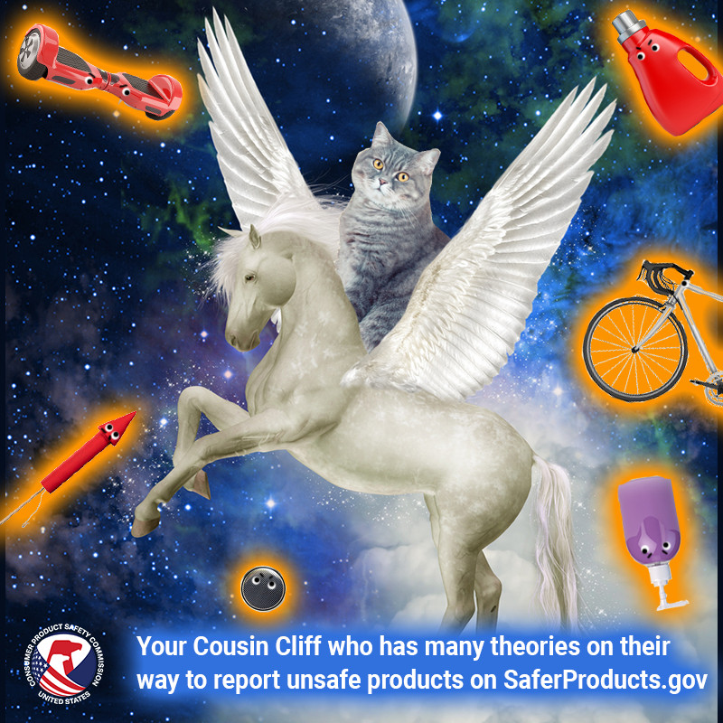 A cat named cliff who is your cousin on a Pegasus flying through space trying to outrun unsafe products. The text reads: Your cousin cliff who has many theories on their way to report unsafe products on SaferProducts.gov.