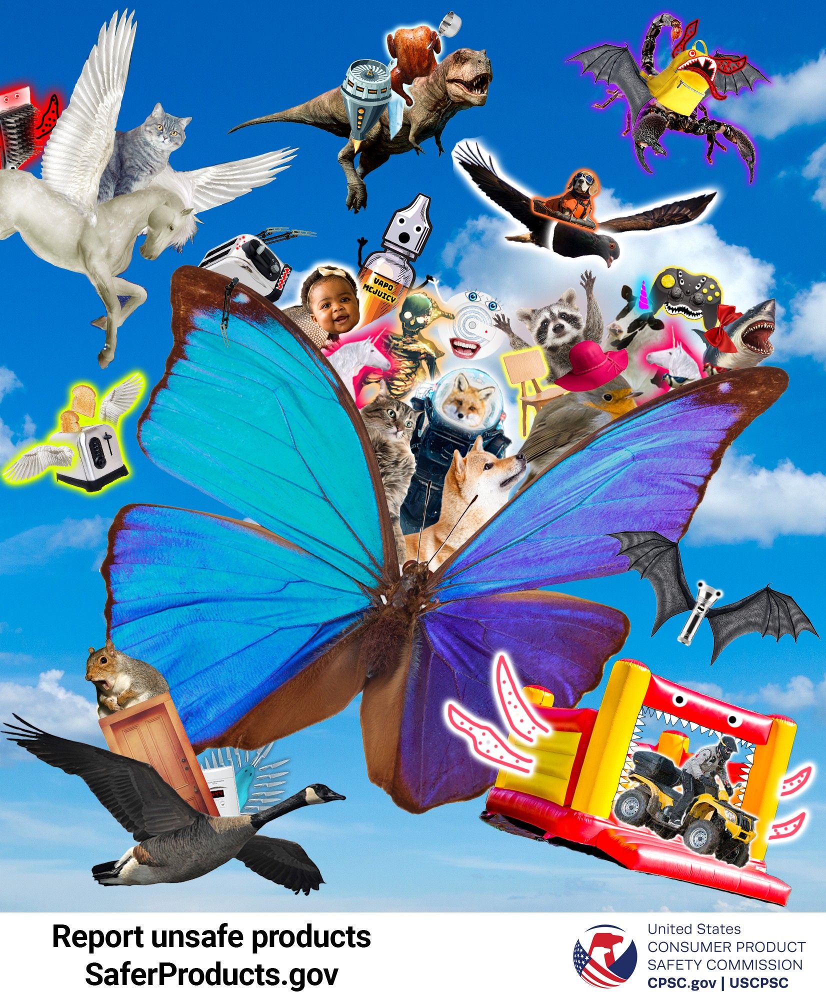 Many of the Consumer Product Safety Commission's social media characters riding a giant blue butterfly. Other flying characters surround them carrying more CPSC characters to Bluesky. The text reads: Report unsafe products. SaferProducts.gov.