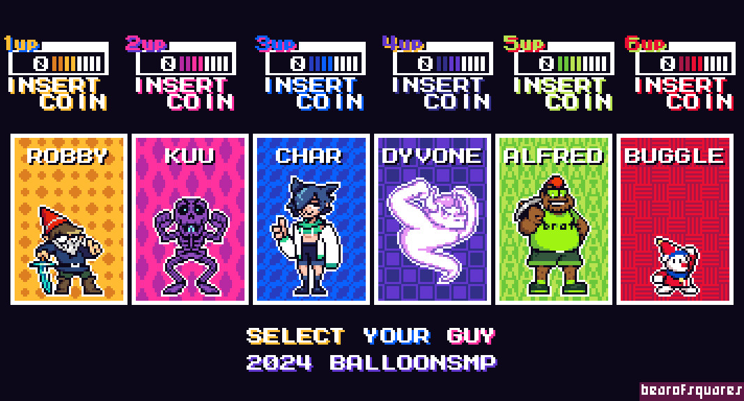 a mock-up of several members of BalloonSMP's "Team F" on an arcade-style character select screen, with the members being as follows: Robbydude the gnome, ShinigamiEater (Kuu) the skeleton, Char (CHARLLAHAN), overlorddyvone(Dyvone) the minotaur, paperboxhouse (Alfred), and buggle (buggle) the bear.