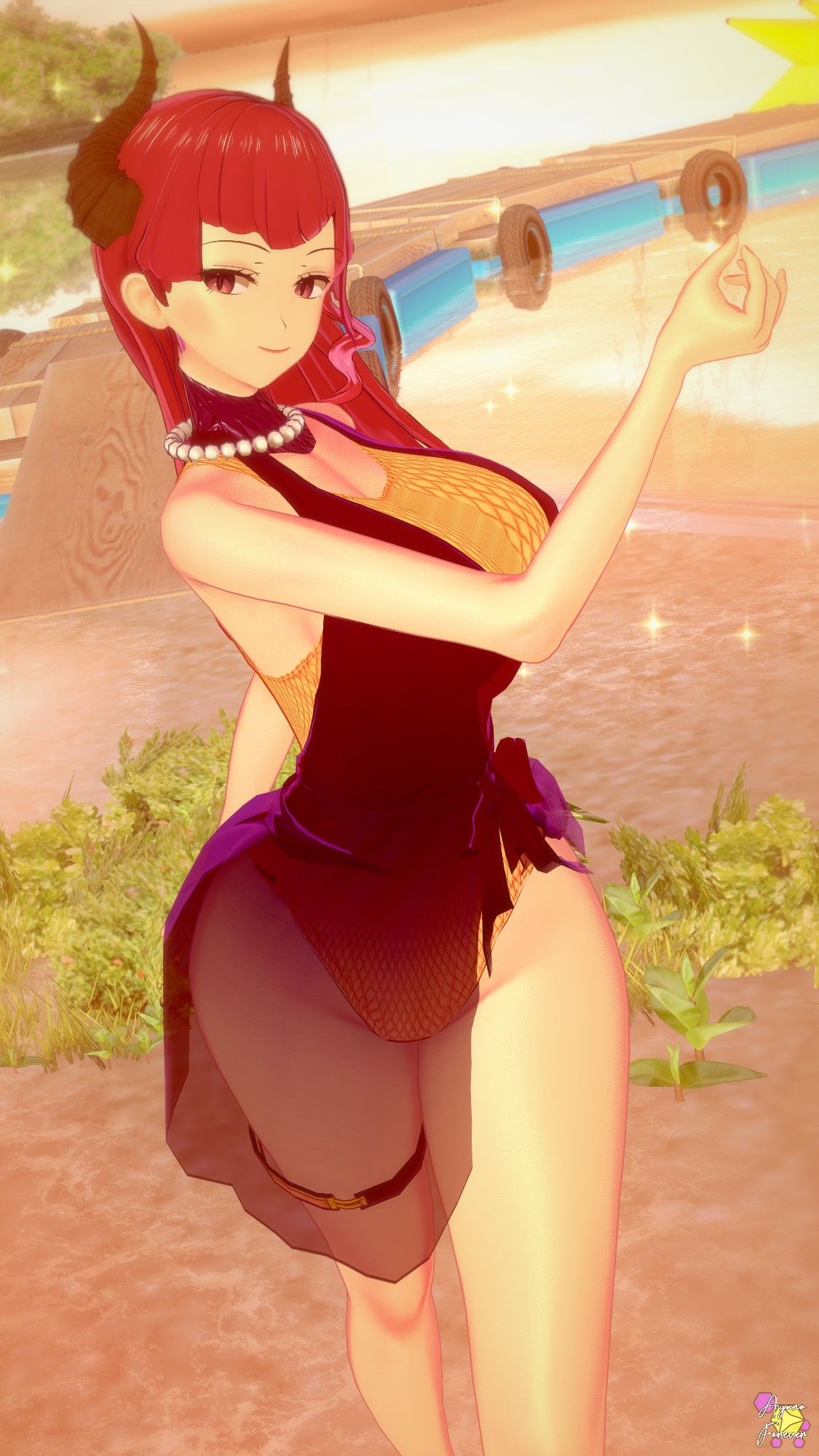 A red-haired demon girl dancing on the beach by sunset, wearing a golden one-piece swimsuit with a scale-like pattern and a short black Pareo dress.
Fanart for one of my favorite VTubers in the spanish side of the community, Giftschlangen.