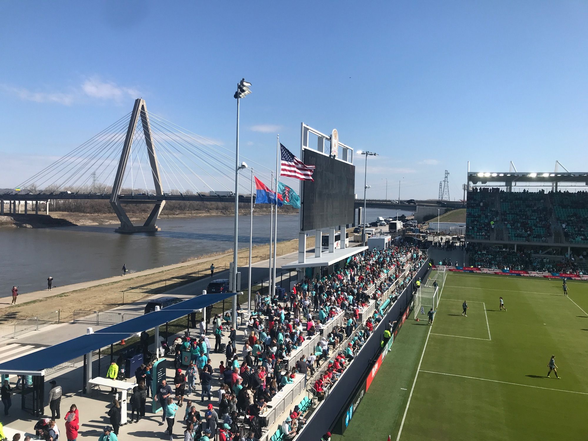 The Kit Bond Bridge spans across the Missouri River just outside CPKC Stadium just before its inaugural soccer match between the Portland Thorns and Kansas City Current on March 16, 2024, in Kansas City, Missouri