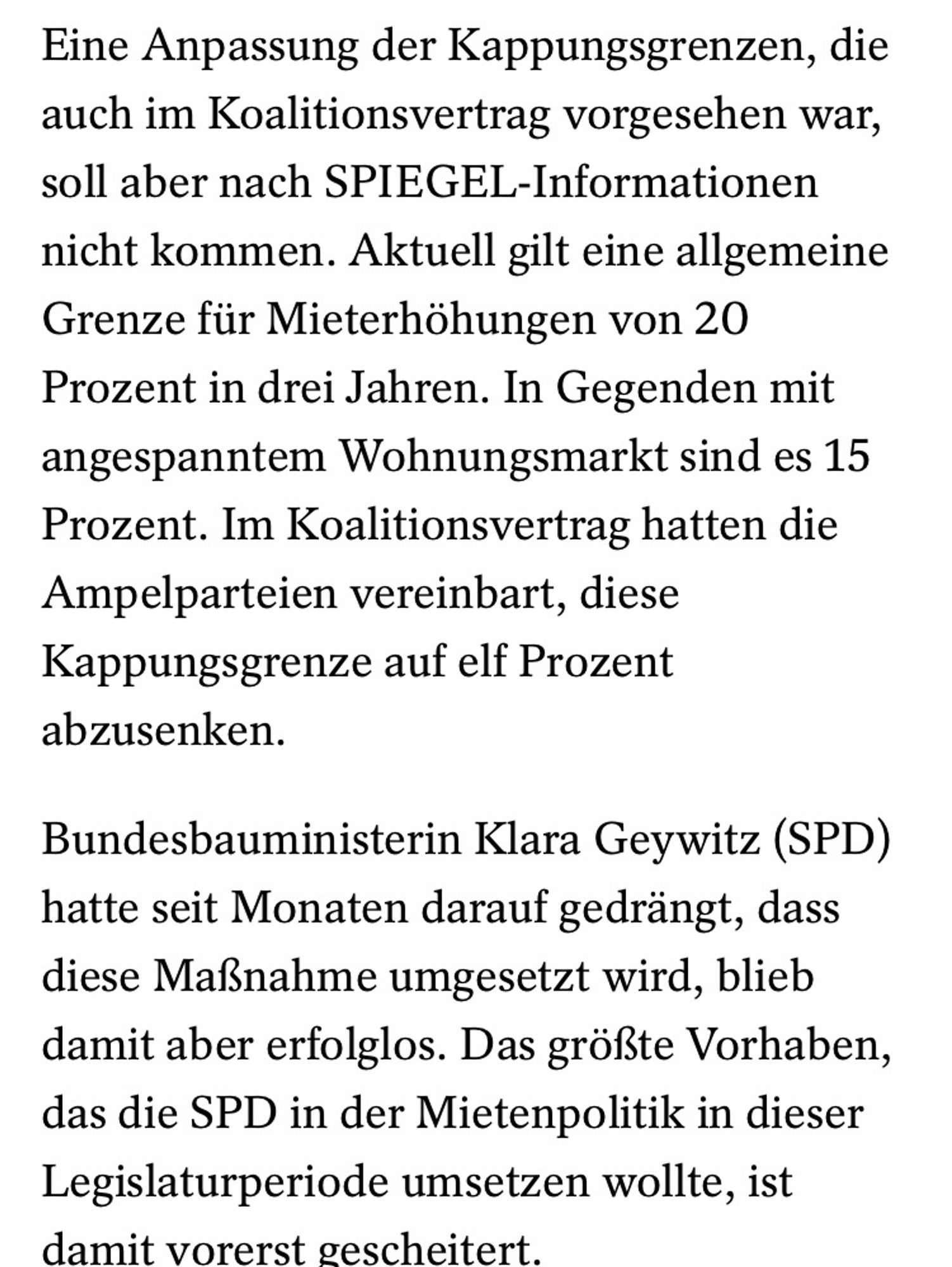 Die Anpassung der Kappungsgrenze bei der Mietpreisbremse, die auch im Koalitonsvertrag vorgesehen war, wird nicht kommen. Das größte Vorhaben, das die SPD in der Mietenpolitik umsetzen wollte, ist damit gescheitert.